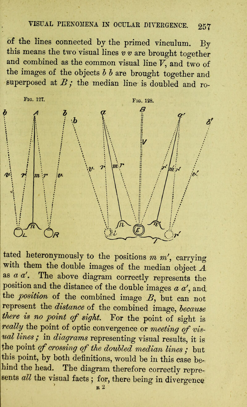 of the lines connected by the primed vinculum. By this means the two visual lines v v are brought together and combined as the common visual line V, and two of the images of the objects b b are brought together and superposed at B; the median lino is doubled and ro- Fig. 127. Fig. 128. tated heteronymously to the positions m m\ carrying with them the double images of the median object A as a a'. The above diagram correctly represents the position and the distance of the double images a aand the position of the combined image B, but can not represent the distance of the combined image, because there is no point of sight. For the point of sight is really the point of optic convergence or meeting of vis- ual lines y in diagrams representing visual results, it is the point of crossing of the doubled median lines / but this point, by both definitions, would be in this case be^ hind the head. The diagram therefore correctly repre- sents all the visual facts ; for, there being in divergence