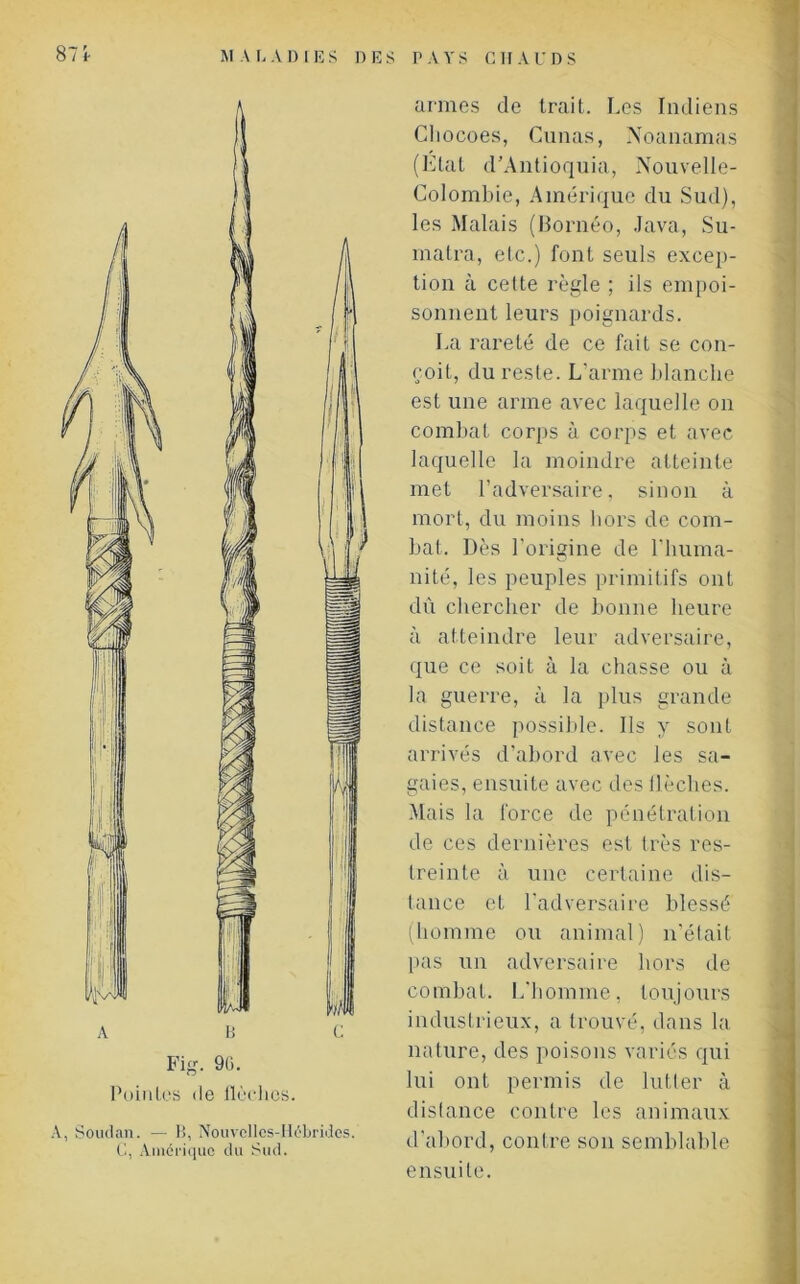 A, Soudan. — R, Nouvelles-Hébrides. C, Amérique du Sud. armes de trait. Les Indiens Cliocoes, Cunas, Noanamas (État d’Antioquia, Nouvelle- Colombie, Amérique du Sud), les Malais (Bornéo, Java, Su- matra, etc.) font seuls excep- tion à celte règle ; ils empoi- sonnent leurs poignards. La rareté de ce fait se con- çoit, du reste. L'arme blanche est une arme avec laquelle on combat corps à corps et avec laquelle la moindre atteinte met l’adversaire, sinon à mort, du moins hors de com- bat. Dès l’origine de l’huma- nité, les peuples primitifs ont dû chercher de bonne heure à atteindre leur adversaire, que ce soit à la chasse ou à la guerre, à la plus grande distance possible. Ils y sont arrivés d’abord avec les sa- gaies, ensuite avec des flèches. Mais la force de pénétration de ces dernières est très res- treinte à une certaine dis- tance et l’adversaire blessé (homme ou animal) n’était pas un adversaire hors de combat. L’homme, toujours industrieux, a trouvé, dans la nature, des poisons variés qui lui ont permis de lutter à distance contre les animaux d'abord, contre son semblable ensuite.
