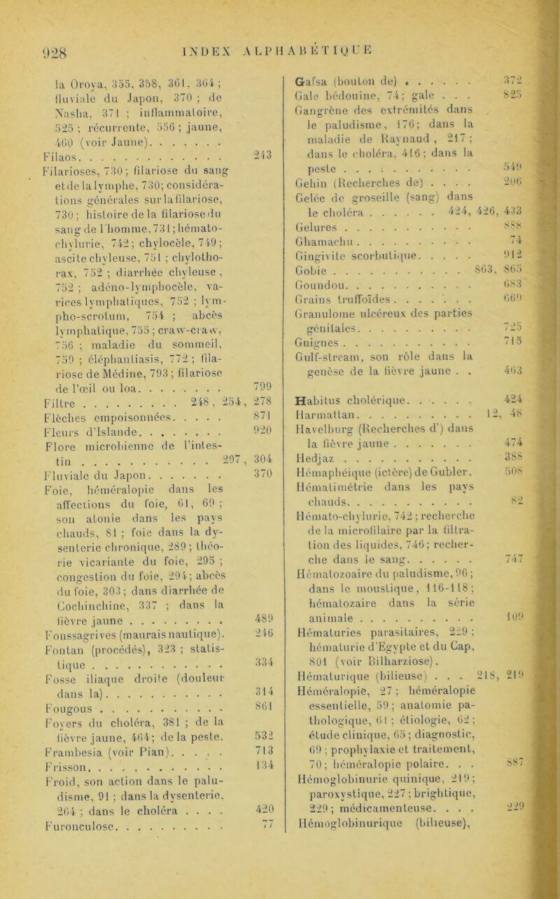 1128 la Oroya, 355, 358, 301. 304; lluviale du Japon, 370 ; de Nasha, 371 ; inflammatoire, 515 ; récurrente, 530 ; jaune, 400 (voir Jaune) Filaos 243 Filarioses, 730; fdariose du sang et de la lymphe, 730; considéra- tions générales sur la filariose, 730; histoire de la filariose du sang de l'homme, 731 ; iiémato- chylurie, 742; chylocèle, 749; ascite chyleuse, 751 ; chylotho- rax, 752 ; diarrhée chyleuse , 752 ; adéno-lymphocèle, va- rices lymphatiques, 752 ; lym- phe-scrotum, 754 ; abcès lymphatique, 755 ; craw-craw, 756 ; maladie du sommeil, 75!) ; éiéphanliasis, 772; fila- riose de Médine, 793 ; filariose de l’œil ou loa Filtre 248, 254, Flèches empoisonnées Fleurs d’Islande Flore microbienne de l’intes- tin 297, Fluviale du Japon Foie, héméralopie dans les affections du foie, 01, 69 ; son atonie dans les pays chauds, 81 ; foie dans la dy- senterie chronique, 289 ; théo- rie vicariante du foie, 295 ; congestion du foie, 294; abcès du foie, 303 ; dans diarrhée de Cochinchine, 337 ; dans la lièvre jaune Fonssagrives (maurais nautique). Fontan (procédés), 323 ; statis- tique Fosse iliaque droite (douleur dans la) Fougous Foyers du choléra, 381 ; de la fièvre jaune, 404; delà peste. Frambesia (voir Pian) F risson 709 278 871 920 304 370 489 240 334 314 801 532 713 134 Froid, son action dans le palu- disme, 91 ; dans la dysenterie, 204 ; dans le choléra .... 420 Furonculose •' Gafsa (bouton de) « Gale bédouine, 74; gale . . . Gangrène des extrémités dans le paludisme, 176; dans la maladie de Raynaud, 217; dans te choléra, 416; dans la peste . . . Geliin (Recherches de) .... Gelée de groseille (sang) dans le choléra 424, 426, Gelures Ghamaehti Gingivite scorbutique Gobie 863, Goundou Grains truffoïdes....... Granulome ulcéreux des parties génitales Guignes Gulf-slreain, son rôle dans la genèse de la fièvre jaune . . 372 S 25 549 200 i.:.; 888 74 !» 12 805 083 00!» 713 403 Habitus cholérique Harmattan 12, Havelburg (Recherches d') dans la fièvre jaune Hedjaz Hémaphéique (ictère) de Gubler. Hématimétrie dans les pays chauds Hémato-chylurie, 742 ; recherche de la microiilaire par la tiltra- tion des liquides, 746; recher- che dans le sang Hématozoaire du paludisme, 96 ; dans le moustique, 116-118; hémalozaire dans la série animale Hématuries parasitaires, 229 ; hématurie d’Egypte et du Gap, 801 (voir Bilharziose). Hématurique (bilieuse) ... 218, Héméralopie, 27 ; héméralopie essentielle, 59; anatomie pa- thologique, 01 ; étiologie, 02; étude clinique, 65 ; diagnostic, 09 : prophylaxie et traitement, 70; héméralopie polaire. . . Hémoglobinurie quinique, 219; paroxystique, 227 ; brightique, 229 ; médicamenteuse. . . . Ilémoglobinuriquc (bilieuse), 48 474 388 508 82 747 1U«> 21') S87 22D