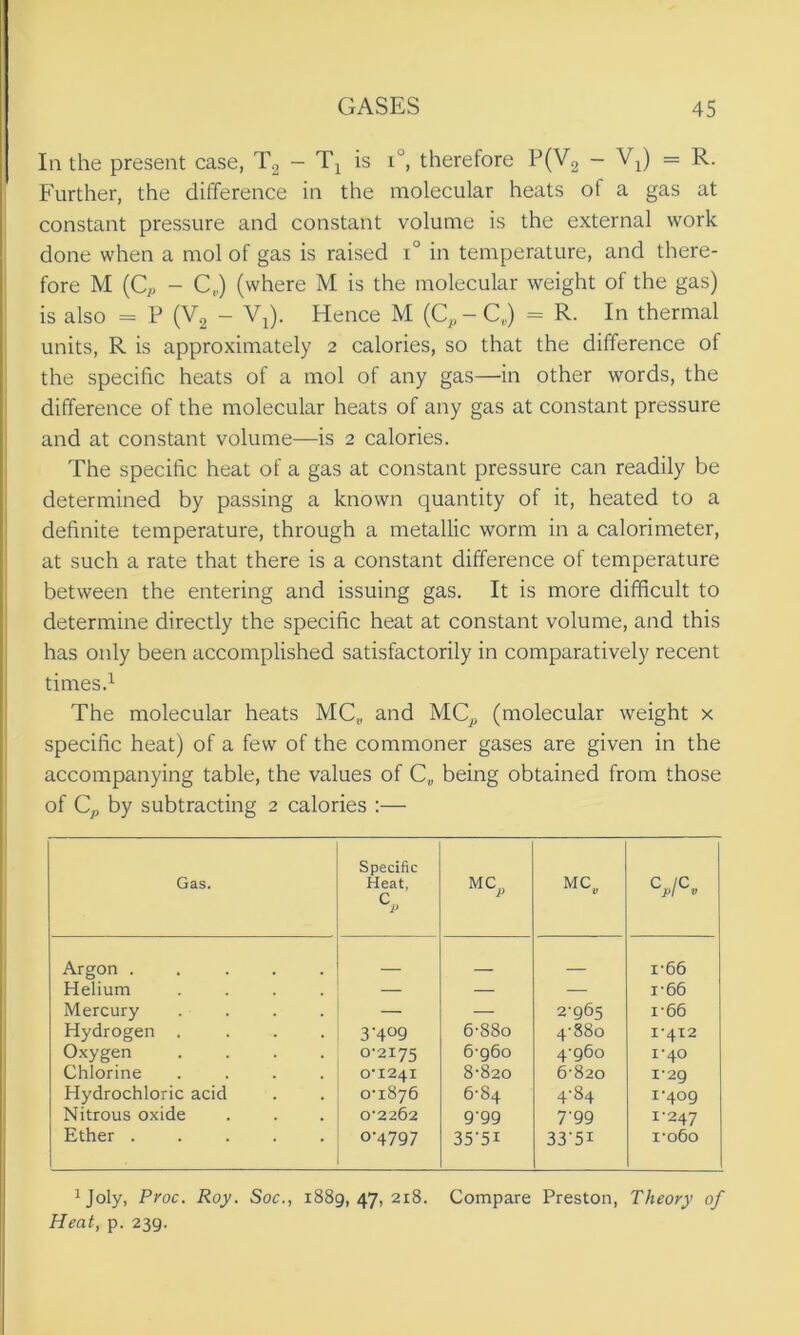 In the present case, T2 - T\ is C, therefore P(V2 - Vj) = R. Further, the difference in the molecular heats of a gas at constant pressure and constant volume is the external work done when a mol of gas is raised i° in temperature, and there- fore M (Cp - C,) (where M is the molecular weight of the gas) is also = P (V2 — Vx). Hence M (Cp — C,,) = R. In thermal units, R is approximately 2 calories, so that the difference of the specific heats of a mol of any gas—in other words, the difference of the molecular heats of any gas at constant pressure and at constant volume—is 2 calories. The specific heat of a gas at constant pressure can readily be determined by passing a known quantity of it, heated to a definite temperature, through a metallic worm in a calorimeter, at such a rate that there is a constant difference of temperature between the entering and issuing gas. It is more difficult to determine directly the specific heat at constant volume, and this has only been accomplished satisfactorily in comparatively recent times.1 The molecular heats MC„ and MCp (molecular weight x specific heat) of a few of the commoner gases are given in the accompanying table, the values of C„ being obtained from those of Cp by subtracting 2 calories :— Gas. Specific Heat, MC„ MC, cwc» Argon ..... _ i-66 Helium .... — — — i-66 Mercury .... — — 2-965 166 Hydrogen .... 3'4°9 6'88o 4-880 1-412 Oxygen .... 0-2175 6-960 4-960 1*40 Chlorine .... 0-1241 8-820 6-820 1-29 Hydrochloric acid 0-1876 6-84 4-84 I‘4°9 Nitrous oxide 0-2262 9-99 7-99 1-247 Ether ..... 0-4797 35-5I 33-5I ro6o 1Joly, Proc. Roy. Soc., 1889,47,218. Compare Preston, Theory of Heat, p. 239.