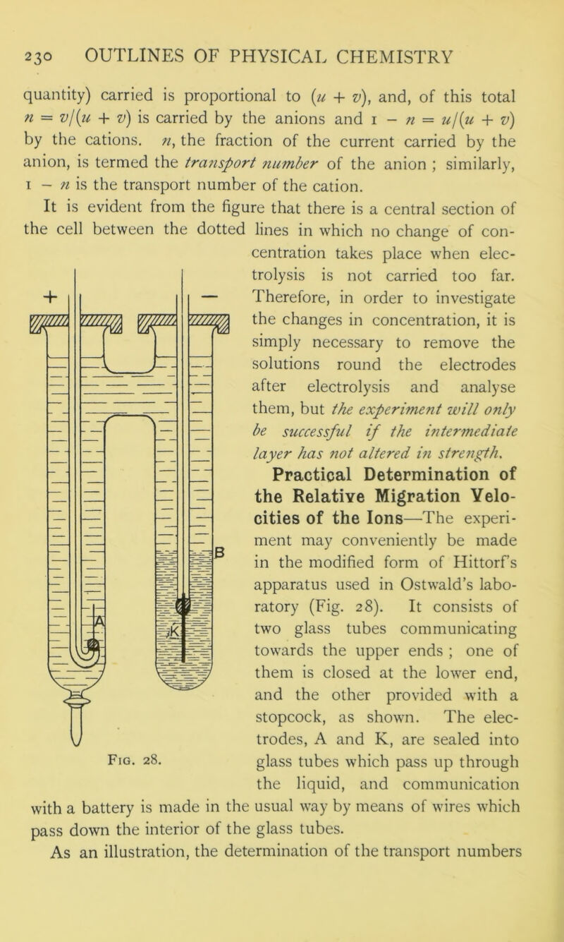 quantity) carried is proportional to (u + v), and, of this total n — v/(u + v) is carried by the anions and i - n = «/(« + v) by the cations. the fraction of the current carried by the anion, is termed the tra,7isport number of the anion ; similarly, i - n is the transport number of the cation. It is evident from the figure that there is a central section of the cell between the dotted lines in which no change of con- centration takes place when elec- trolysis is not carried too far. Therefore, in order to investigate the changes in concentration, it is simply necessary to remove the solutions round the electrodes after electrolysis and analyse them, but the experiment will only be successful if the intermediate layer has not altered in strength. Practical Determination of the Relative Migration Velo- cities of the Ions—The experi- ment may conveniently be made in the modified form of Hittorf’s apparatus used in Ostwald’s labo- ratory (Fig. 28). It consists of two glass tubes communicating towards the upper ends ; one of them is closed at the lower end, and the other provided with a stopcock, as shown. The elec- trodes, A and K, are sealed into glass tubes which pass up through the liquid, and communication with a battery is made in the usual way by means of wires which pass down the interior of the glass tubes. As an illustration, the determination of the transport numbers