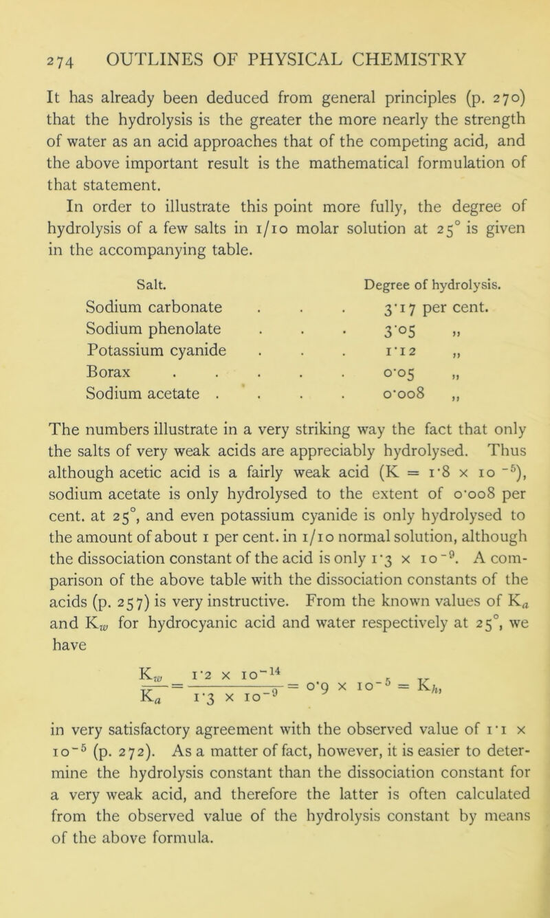 It has already been deduced from general principles (p. 270) that the hydrolysis is the greater the more nearly the strength of water as an acid approaches that of the competing acid, and the above important result is the mathematical formulation of that statement. In order to illustrate this point more fully, the degree of hydrolysis of a few salts in 1/10 molar solution at 250 is given in the accompanying table. Salt. Sodium carbonate Sodium phenolate Potassium cyanide Borax Sodium acetate . Degree of hydrolysis. 3‘i7 per cent. 3'°5 112 0-05 o‘oo8 ,, The numbers illustrate in a very striking way the fact that only the salts of very weak acids are appreciably hydrolysed. Thus although acetic acid is a fairly weak acid (K = i'S x 105), sodium acetate is only hydrolysed to the extent of o'oo8 per cent, at 250, and even potassium cyanide is only hydrolysed to the amount of about 1 per cent, in 1/10 normal solution, although the dissociation constant of the acid is only 1-3 x io-9. A com- parison of the above table with the dissociation constants of the acids (p. 257) is very instructive. From the known values of Krt and Kro for hydrocyanic acid and water respectively at 250, we have Ka 1'2 x io“14 Kfl 1*3 x 10-9 0-9 x 10-5 = K/t, in very satisfactory agreement with the observed value of ri x io-5 (p. 272). Asa matter of fact, however, it is easier to deter- mine the hydrolysis constant than the dissociation constant for a very weak acid, and therefore the latter is often calculated from the observed value of the hydrolysis constant by means of the above formula.