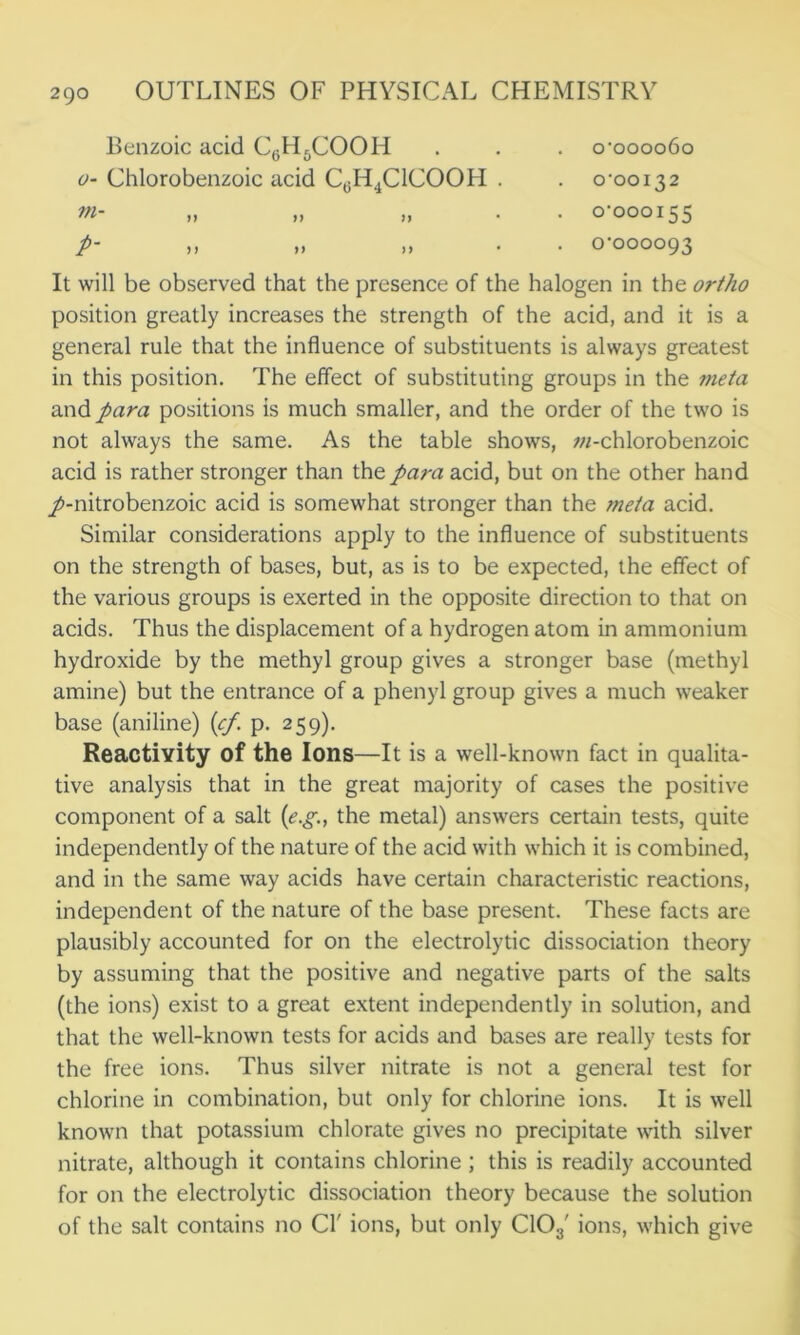 Benzoic acid C6H5COOH o- Chlorobenzoic acid C0H4C1COOH . i> >> )> P~ >> i> )> ooooo6o 0-00I32 0-000155 0-000093 It will be observed that the presence of the halogen in the ortho position greatly increases the strength of the acid, and it is a general rule that the influence of substituents is always greatest in this position. The effect of substituting groups in the meta and para positions is much smaller, and the order of the two is not always the same. As the table shows, ;//-chlorobenzoic acid is rather stronger than the para acid, but on the other hand /-nitrobenzoic acid is somewhat stronger than the meta acid. Similar considerations apply to the influence of substituents on the strength of bases, but, as is to be expected, the effect of the various groups is exerted in the opposite direction to that on acids. Thus the displacement of a hydrogen atom in ammonium hydroxide by the methyl group gives a stronger base (methyl amine) but the entrance of a phenyl group gives a much weaker base (aniline) {cf p. 259). Reactivity of the Ions—It is a well-known fact in qualita- tive analysis that in the great majority of cases the positive component of a salt (e.g., the metal) answers certain tests, quite independently of the nature of the acid with which it is combined, and in the same way acids have certain characteristic reactions, independent of the nature of the base present. These facts are plausibly accounted for on the electrolytic dissociation theory by assuming that the positive and negative parts of the salts (the ions) exist to a great extent independently in solution, and that the well-known tests for acids and bases are really tests for the free ions. Thus silver nitrate is not a general test for chlorine in combination, but only for chlorine ions. It is well known that potassium chlorate gives no precipitate with silver nitrate, although it contains chlorine ; this is readily accounted for on the electrolytic dissociation theory because the solution of the salt contains no Cl' ions, but only C103' ions, which give