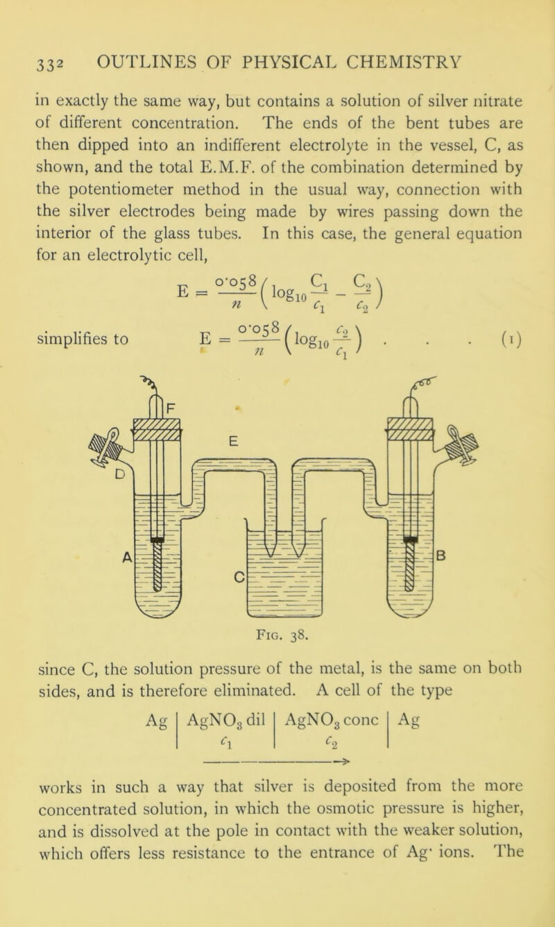 in exactly the same way, but contains a solution of silver nitrate of different concentration. The ends of the bent tubes are then dipped into an indifferent electrolyte in the vessel, C, as shown, and the total E.M.F. of the combination determined by the potentiometer method in the usual way, connection with the silver electrodes being made by wires passing down the interior of the glass tubes. In this case, the general equation for an electrolytic cell, simplifies to (0 since C, the solution pressure of the metal, is the same on both sides, and is therefore eliminated. A cell of the type Ag AgN03 dil AgN03 cone c\ C2 Ag ■> works in such a way that silver is deposited from the more concentrated solution, in which the osmotic pressure is higher, and is dissolved at the pole in contact with the weaker solution, which offers less resistance to the entrance of Ag- ions. The