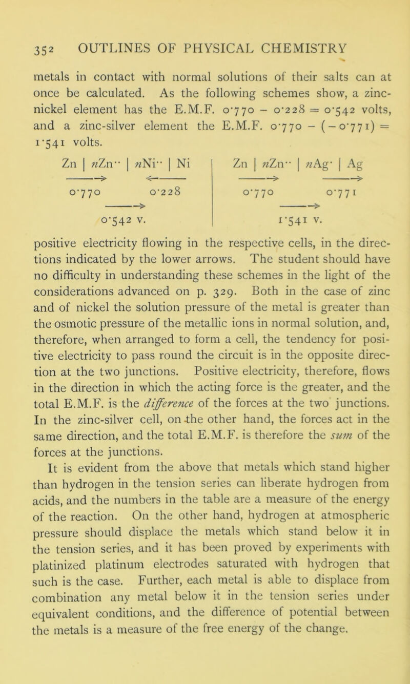 metals in contact with normal solutions of their salts can at once be calculated. As the following schemes show, a zinc- nickel element has the E.M.F. 0770 - 0-228 = 0742 volts, and a zinc-silver element the E.M.F. 0770 - (-0771) = 1-541 volts. Zn | «Zn-- | «Ni” | Ni < 0-770 0-228 > 0-542 v. Zn | «Zn | «Ag- | Ag > 5- 0-770 °77I ■> 1-541 V. positive electricity flowing in the respective cells, in the direc- tions indicated by the lower arrows. The student should have no difficulty in understanding these schemes in the light of the considerations advanced on p. 329. Both in the case of zinc and of nickel the solution pressure of the metal is greater than the osmotic pressure of the metallic ions in normal solution, and, therefore, when arranged to form a cell, the tendency for posi- tive electricity to pass round the circuit is in the opposite direc- tion at the two junctions. Positive electricity, therefore, flows in the direction in which the acting force is the greater, and the total E.M.F. is the difference of the forces at the two junctions. In the zinc-silver cell, on -the other hand, the forces act in the same direction, and the total E.M.F. is therefore the sum of the forces at the junctions. It is evident from the above that metals which stand higher than hydrogen in the tension series can liberate hydrogen from acids, and the numbers in the table are a measure of the energy of the reaction. On the other hand, hydrogen at atmospheric pressure should displace the metals which stand below it in the tension series, and it has been proved by experiments with platinized platinum electrodes saturated with hydrogen that such is the case. Further, each metal is able to displace from combination any metal below it in the tension series under equivalent conditions, and the difference of potential between the metals is a measure of the free energy of the change.