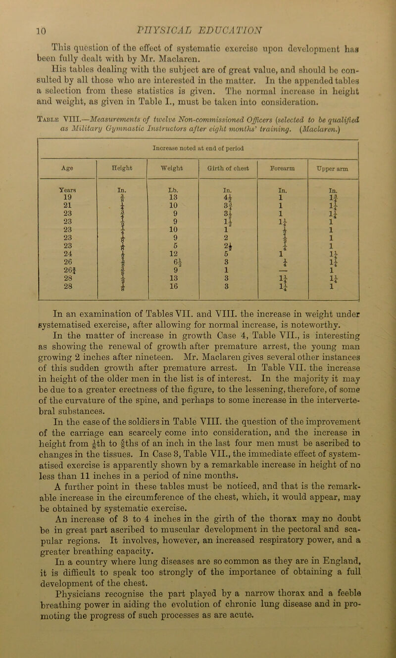 This question of the effect of systematic exercise upon development has been fully dealt with by Mr. Maclaren. His tables dealing with the subject are of great value, and should be con- sulted by all those who are interested in the matter. In the appended tables a selection from these statistics is given. The normal increase in height and weight, as given in Table I., must be taken into consideration. Table VIII.—Measurements of twelve Non-commissioned Officers {selected to be qiialijied as Military Gymnastic Instructors after eight months’’ training. {Maclaren.) Increase noted at end of period Age Height Weight Gii’th of chest Forearm upper arm Years In. Lb. In. In. In. 19 I 13 1 21 i 10 H 1 H 23 A 4 9 1 H 23 1 2 9 1 23 1 4 10 1 j 1 23 9 2 1 1 23 I 5 1 4 1 24 h 12 5 1 H 26 6| 3 1 4 H 26| ”g 9 1 — 1 28 s 3 13 3 H li 28 16 3 U 1 In an examination of Tables VII. and VIII. the increase in weight under systematised exercise, after allowing for normal increase, is noteworthy. In the matter of increase in growth Case 4, Table VII., is interesting as showing the renewal of growth after premature arrest, the young man growing 2 inches after nineteen. Mr. Maclaren gives several other instances of this sudden growth after premature arrest. In Table VII. the increase in height of the older men in the list is of interest. In the majority it may be due to a greater erectness of the figure, to the lessening, therefore, of some of the curvature of the spine, and perhaps to some increase in the interverte- bral substances. In the case of the soldiers in Table VIII. the question of the improvement of the carriage can scarcely come into consideration, and the increase in height from |^th to fths of an inch in the last four men must be ascribed to changes in the tissues. In Case 3, Table VII., the immediate effect of system- atised exercise is apparently shown by a remarkable increase in height of no less than 11 inches in a period of nine months. A further point in these tables must be noticed, and that is the remark- able increase in the circumference of the chest, which, it would appear, may be obtained by systematic exercise. An increase of 3 to 4 inches in the girth of the thorax may no doubt be in great part ascribed to muscular development in the pectoral and sca- pular regions. It involves, however, an increased respiratory power, and a greater breathing capacity. In a country where lung diseases are so common as they are in England, it is difficult to speak too strongly of the importance of obtaining a full development of the chest. Physicians recognise the part played by a narrow thorax and a feeble breathing power in aiding the evolution of chronic lung disease and in pro- moting the progress of such processes as are acute.