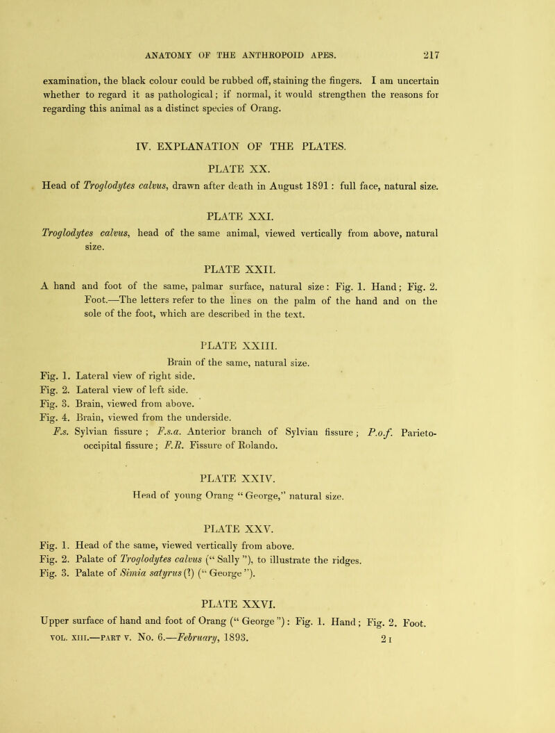 examination, the black colour could be rubbed off, staining the fingers. I am uncertain whether to regard it as pathological; if normal, it would strengthen the reasons for regarding this animal as a distinct species of Orang. IV. EXPLANATION OF THE PLATES. PLATE XX. Head of Troglodytes calms, drawn after death in August 1891 : full face, natural size. PLATE XXI. Troglodytes calvus, head of the same animal, viewed vertically from above, natural size. PLATE XXII. A hand and foot of the same, palmar surface, natural size: Fig. 1. Hand; Fig. 2. Foot.—The letters refer to the lines on the palm of the hand and on the sole of the foot, which are described in. the text. PLATE XXIII. Brain of the same, natural size. Fig. 1. Lateral view of right side. Fig. 2. Lateral view of left side. Fig. 3. Brain, viewed from above. Fig. 4. Brain, viewed from the underside. F.s. Sylvian fissure ; F.s.a. Anterior branch of Sylviau fissure; P.of. Parieto- occipital fissure ; F.E. Fissure of Rolando. PLATE XXIV. Head of young Orang “ George,” natural size. PLATE XXV. Fig. 1. Head of the same, viewed vertically from above. Fig. 2. Palate of Troglodytes calvus (“ Sally ”), to illustrate the ridges. Fig. 3. Palate of Simla safyrus(1) (“George”). PLATE XXVI. Upper surface of hand and foot of Orang (“ George”): Fig. 1. Hand; Fig. 2. Foot. yol. xiu.—paet v. No. 6.—February, 1893. 21