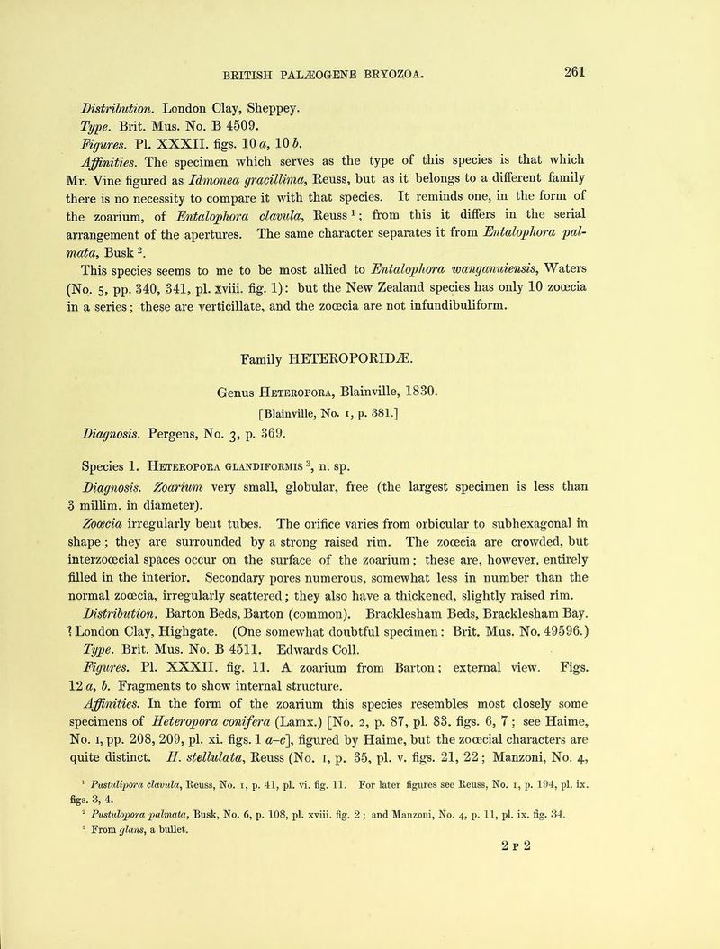 Distribution. London Clay, Sheppey. Type. Brit. Mus. No. B 4509. Figures. PI. XXXII. figs. 10 a, 10 5. Affinities. The specimen which serves as the type of this species is that which Mr. Vine figured as Idmonea gracillimaReuss, but as it belongs to a different family there is no necessity to compare it with that species. It reminds one, in the form of the zoarium, of Fntalopliora clavula, Reuss1; from this it differs in the serial arrangement of the apertures. The same character separates it from Fntalopliora pal- mata, Busk 2. This species seems to me to be most allied to Entalophora wanganuiensis, Waters (No. 5, pp. 340, 341, pi. xviii. fig. 1): but the New Zealand species has only 10 zocecia in a series; these are verticillate, and the zooecia are not infundibuliform. Family HETEROPORHLE, Genus Heteropora, Blainville, 1830. [Blainville, No. i, p. 381.] Diagnosis. Pergens, No. 3, p. 369. Species 1. Heteropora glandiformis 3, n. sp. Diagnosis. Zoarium very small, globular, free (the largest specimen is less than 3 millim. in diameter). Zooecia irregularly bent tubes. The orifice varies from orbicular to subhexagonal in shape ; they are surrounded by a strong raised rim. The zooecia are crowded, but interzocecial spaces occur on the surface of the zoarium; these are, however, entirely filled in the interior. Secondary pores numerous, somewhat less in number than the normal zocecia, irregularly scattered; they also have a thickened, slightly raised rim. Distribution. Barton Beds, Barton (common). Bracklesham Beds, Bracklesham Bay. \ London Clay, Highgate. (One somewhat doubtful specimen: Brit. Mus. No. 49596.) Type. Brit. Mus. No. B 4511. Edwards Coll. Figures. PI. XXXII. fig. 11. A zoarium from Barton; external view. Figs. 12 a, b. Fragments to show internal structure. Affinities. In the form of the zoarium this species resembles most closely some specimens of Heteropora conifera (Lamx.) [No. 2, p. 87, pi. 83. figs. 6, 7; see Haime, No. 1, pp. 208, 209, pi. xi. figs. 1 a-c\ figured by Haime, but the zocecial characters are quite distinct. H. stellulata, Reuss (No. 1, p. 35, pi. v. figs. 21, 22; Manzoni, No. 4, 1 Pustulipora clavula, Reuss, No. x, p. 41, pi. vi. fig. 11. For later figures see Reuss, No. i, p. 194, pi. ix. figs. 3, 4. 2 Pustulopora palmata, Busk, No. 6, p. 108, pi. xviii. fig. 2; and Manzoni, No. 4, p. 11, pi. ix. fig. 34. 3 From glans, a bullet. 2 p 2