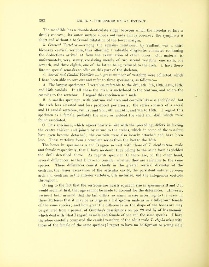 4 he mandible has a double denticulate ridge, between which the alveolar surface is deeply concave; its outer surface slopes outwards and is concave; the symphysis is short and without a backward dilatation of the lower margin. 3. Cervical Vertebrae.—Among the remains mentioned by Vaillant was a third biconvex cervical vertebra, thus affording a valuable diagnostic character confirming the deductions arrived at from the examination of other bones. Our material is, unfortunately, very scanty, consisting merely of two second vertebrae, one sixth, one seventh, and three eighth, one of the latter being reduced to the arch. I have there- fore no special remarks to offer on this part of the skeleton. 4. Sacral and Caudal Vertebrae.—A great number of vertebrae were collected, which I have been able to sort out and refer to three specimens, as follows:— A. The largest specimen : 7 vertebrae, referable to the 3rd, 4th, 6th, 10th, 11th, 12th, and 13th caudals. In all these the arch is anchvlosed to the centrum, and so are the costoids to the vertebrae. I regard this specimen as a male. B. A smaller specimen, with centrum and arch and costoids likewise anchylosed, but the arch less elevated and less produced posteriorly; the series consists of a sacral and 11 caudal vertebrae, viz. 1st and 2nd, 4th and 5th, and 7th to 13th. I regard this specimen as a female, probably the same as yielded the shell and skull which were found associated. C. This specimen, which agrees nearly is size with the preceding, differs in having the centra thicker and joined by suture to the arches, which in some of the vertebrae have even become detached; the costoids were also loosely attached and have been lost. These vertebrae form a complete series from the 2nd to the 18th. The bones in specimens A and B agree so well with those of T. elephantina, male and female respectively, that I have no doubt they belong to the same form as yielded the skull described above. As regards specimen C, there are, on the other hand, several differences, so that I have to consider whether they are referable to the same species. These differences consist chiefly in the greater vertical diameter of the centrum, the lesser excavation of the articular cavity, the persistent suture between arch and centrum in the anterior vertebrae, 8th inclusive, and the autogenous costoids throughout. Owing to the fact that the vertebrae are nearly equal in size in specimens B and C it would seem, at first, that age cannot be made to account for the differences. However, we must bear in mind that the tail differs so much in size according to the sexes in these Tortoises that it may be as large in a half-grown male as in a full-grown female of the same species ; and how great the differences in the shape of the bones are may be gathered from a perusal of Gunther’s descriptions on pp. 29 and 37 of his memoir, which deal with what I regard as male and female of one and the same species. I have therefore carefully compared the caudal vertebrae of the adult male T. elepliantina with those of the female of the same species (I regret to have no half-grown or young male