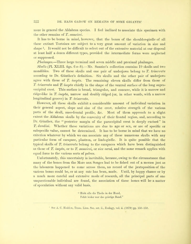 more in general the Aldabran species. I feel inclined to associate this specimen with the other remains of T. sumeirei. It has to be borne in mind, however, that the bones of the shoulder-girdle of all these extinct Tortoises are subject to a very great amount of variation in size and shape l. It would not be difficult to select out of the extensive material at our disposal at least half a dozen different types, provided the intermediate forms were neglected or suppressed. Phalanges.—Three large terminal and seven middle and proximal phalanges. Skulls (PI. XLIII. figs. 6 «-8).—Mr. Sauzier’s collection contains 19 skulls and two mandibles. Two of these skulls and one pair of underjaws belong to T. triserrata according to Dr. Gunther’s definition. Six skulls and the other pair of underjaws agree with those of T. inept a. The remaining eleven skulls differ from those of T. triserrata and T. inepta chiefly in the shape of the ventral surface of the long supra- occipital crest. This surface is broad, triangular, and concave, while it is narrow and ridge-like in T. inepta, narrow and doubly ridged (or, in other words, with a narrow longitudinal groove) in T. triserrata. However, all these skulls exhibit a considerable amount of individual variation in their general aspect, slope and size of the crest, relative strength of the various parts of the skull, naso-frontal profile, &c. Most of them approach to a slight extent the Aldabran skulls by the convexity of their frontal region, and, according to Dr. Gunther, the “ posterior margin of the paroccipital crest is deeply excised ” in T. daudini. Whether these variations are due to age or sex, or are of specific or subspecific value, cannot be determined. It has to be borne in mind that we have no criterion whatever by which we can associate any of these numerous skulls with any particular form of carapace, plastron, or limb-girdle. It is quite possible that the typical skulls of T. triserrata belong to the carapaces which have been distinguished as those of T. inepta, or to T. sumeirei, or vice versa, and the same remark applies with equal force to the various sorts of pelves. Unfortunately, this uncertainty is inevitable, because, owing to the circumstance that many of the bones from the Mare aux Songes had to be fished out of a morass just as the labourers happened to come across them, no record of the juxtaposition of the various bones could be, or at any rate has been, made. Until, by happy chance or by a much more careful and extensive mode of research, all the principal parts of one unquestionable individual are found, the association of these bones will be a matter of speculation without any valid basis. “ Habt alle die Theile in der Hand, Eehlt leider nur das geistige Band.” 1 See A. C. Hadden, Trans. Linn. Soc. ser. ii., Zoology, vol. ii. (1879) pp. 156-158.