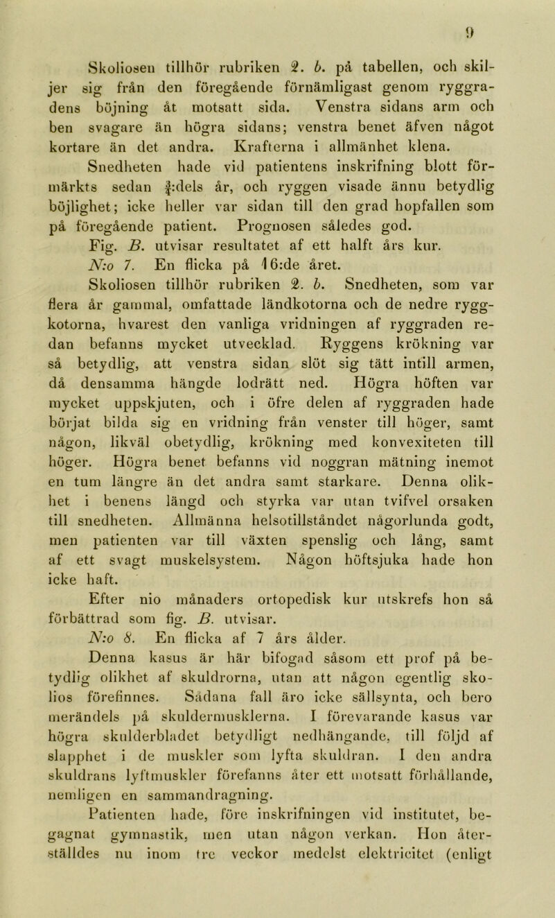 SkoHoseii tillhör rubriken 2. b. på tabellen, och skil- jer sig från den föregående förnämligast genom ryggra- dens böjning åt motsatt sida. Venstra sidans arm och ben svagare än högra sidans; venstra benet äfven något kortare än det andra. Krafterna 1 allmänhet klena. Snedheten hade vid patientens inskrifning blott för- märkts sedan J:dels år, och ryggen visade ännii betydlig böjllghet; icke heller var sidan till den grad hopfallen som på föregående patient. Prognosen således god. Fig. B. utvisar resultatet af ett halft års kur. N:o 7. En flicka på I6:de året. Skoliosen tillhör rubriken 2. h. Snedheten, som var flera år gammal, omfattade ländkotorna och de nedre rygg- kotorna, hvarest den vanliga vridningen af ryggraden re- dan befanns mycket utvecklad. Ryggens krökning var så betydlig, att venstra sidan slöt sig tätt intill armen, då densamma hängde lodrätt ned. Högra höften var mycket uppskjuten, och i öfre delen af ryggraden hade börjat bilda sig en vridning från venster till höger, samt någon, likväl obetydlig, krökning med konvexiteten till höger. Högra benet befanns vid noggran mätning inemot en tum länore än det andra samt starkare. Denna olik- O het i benens längd och styrka var utan tvifvel orsaken till snedheten. Allmänna helsotillståndet någorlunda godt, men patienten var till växten spenslig och lång, samt af ett svagt muskelsystem. Någon höftsjuka hade hon icke haft. Efter nio månaders ortopedisk knr utskrefs hon så förbättrad som fig. B. utvisar. N:o 8. En flicka af 7 års ålder. Denna kasus är här bifogad såsom ett prof på be- tydi!g olikhet af skuldrorna, utan att någon egentlig sko- lios förefinnes. Sådana fall äro icke sällsynta, och bero merändels på skuldermusklerna. I förevarande kasus var högra skulderbladet betydligt nedhängande, till följd af slapphet i de muskler som lyfta skuldran. I den andra skuldrans lyftmuskler förefanns åter ett motsatt förhållande, nemligen en sammandragning. Patienten hade, före inskrifningen vid institutet, be- gagnat gymnastik, men utan någon verkan. Hon åter- ställdes nu inom tre veckor medelst elektricitet (enligt