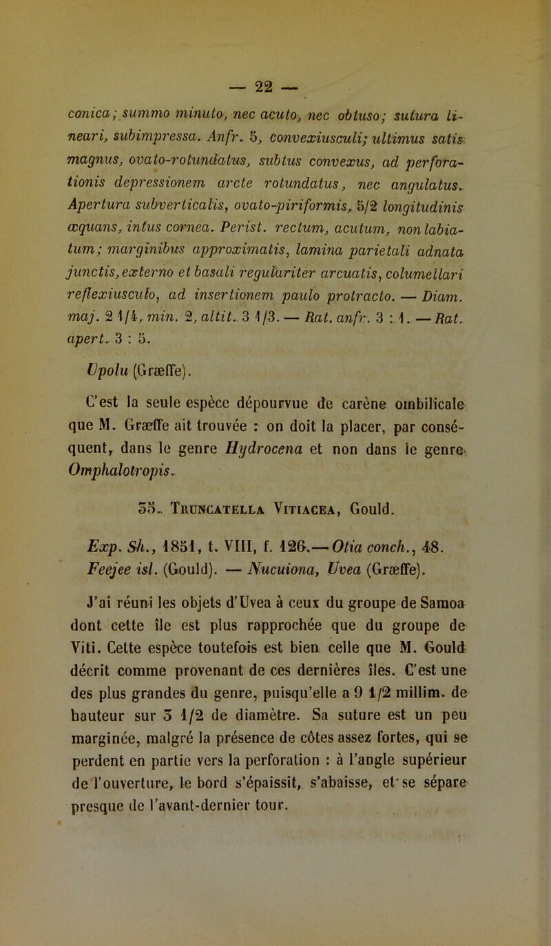 canica ; summo minuto, nec acuto, nec obtuso; sutura Li- neari, subimpressa. Anfr. 5, convexiusculi; ultimus satis magnus, ovato-vo tundatus, subtus convexus, ad perfora- tionis depressionem arcte rotundatus, nec angulatus. Apertura subver licalis, ovato-piriformis, 5/2 longitudinis œquans, intus cornea. Perist. rectum, acutum, nonlabia- tum; marginibits approximatis, lamina parietali adnata junctis, externe et basait regulariter arcuatis, columellari reflexiusculo, ad insertionem paulo protracto. — Diam. maj. 2 1/4, min. 2, altit. 3 1/3. — Rat. anfr. 3:1. — Rat. apert* 3 : 5. Upolu (Græfle). C’est la seule espèce dépourvue de carène ombilicale que M. Græffe ait trouvée : on doit la placer, par consé- quent, dans le genre Hydrocena et non dans le genre Omphalotropis. 55^ Tkuncatella Vitiacea, Gould. Exp. Sh., 4851, t. VIII, f. 12G.— Otia conch., 48. Feejee isl. (Gould). — Nucuiona, Uvea (Græffe). J’ai réuni les objets d’Uvea à ceux du groupe de Samoa dont cette île est plus rapprochée que du groupe de Viti. Cette espèce toutefois est bien celle que M. Gould décrit comme provenant de ces dernières îles. C’est une des plus grandes du genre, puisqu’elle a 9 1/2 millim. de hauteur sur 5 4/2 de diamètre. Sa suture est un peu marginée, malgré la présence de côtes assez fortes, qui se perdent en partie vers la perforation : à l’angle supérieur de'l’ouverture, le bord s’épaissit, s’abaisse, et'se sépare presque de l’avant-dernier tour.