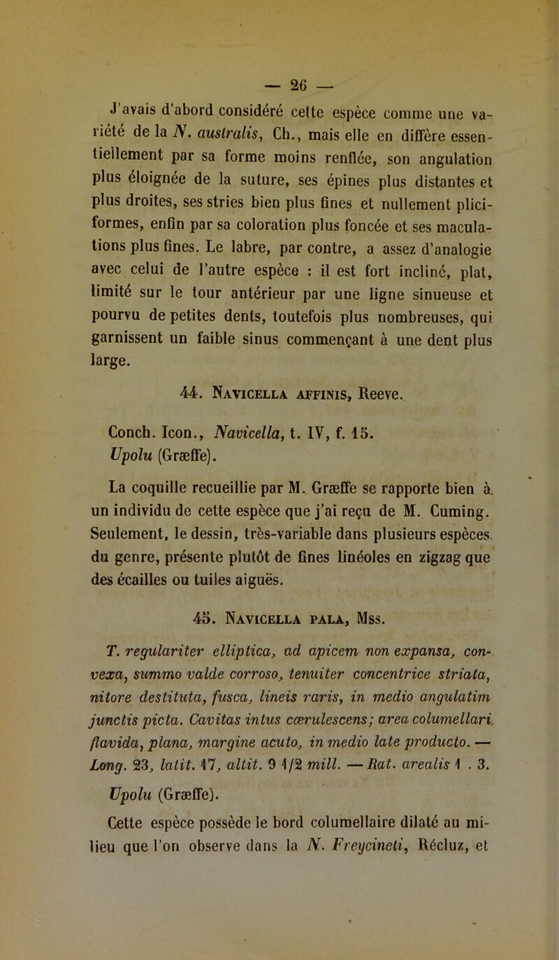 J avais d abord considéré celte espèce comme une va- riété de la N. auslralis, Ch., mais elle en diffère essen- tiellement par sa forme moins renflée, son angulation plus éloignée de la suture, ses épines plus distantes et plus droites, ses stries bien plus fines et nullement plici- formes, enfin par sa coloration plus foncée et ses macula- tions plus fines. Le labre, par contre, a assez d’analogie avec celui de l’autre espèce : il est fort incliné, plat, limité sur le tour antérieur par une ligne sinueuse et pourvu de petites dents, toutefois plus nombreuses, qui garnissent un faible sinus commençant à une dent plus large. 44. Navicella affinis, Reeve. Conch. Icon., Navicella, t. IV, f. 15. Upolu (Græffe). La coquille recueillie par M. Græffe se rapporte bien à, un individu de celte espèce que j’ai reçu de M. Cuming. Seulement, le dessin, très-variable dans plusieurs espèces du genre, présente plutôt de fines linéoles en zigzag que des écailles ou tuiles aiguës. 45. Navicella pala, Mss. T. regulariter elliptica, ad apicem non expansa, con- vexa, summo valde corroso, tenuiter concentrice striata, ni tore destituta, fusca, lineis raris, in medio angulatim junctis picta. Cavitas intus cærulescens; area columellari flavida, plana, margine acuto, in medio late producto. — Long. 23, latit. 17, altit. 9 1/2 mill. —Rat. arealis 1 . 3. Upolu (Græffe). Cette espèce possède le bord columellaire dilaté au mi- lieu que l’on observe dans la N. Freycineti, Récluz, et