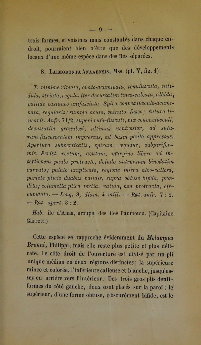 \ t trois formes, si voisines mais constantes clans chaque en- droit, pourraient bien n’ètre que des développements locaux d’une même espèce dans des îles séparées. 8. LaimodontaAnaaensis, Mss. (pl. V, fîg. 1). T. minime rimata, ovato-acuminata, tenuiuscula, niti- dula, striata,regulariter decussatim lineo-sulcata, albida, pallide castaneo unifasciata. Spira convexiusculo-acumi- nata, regularis; summo acuto, minuto, fusco ; sutura li- nearis. Anfr. 71 /2, superi rufo-fusculi, vix convexiusculi, decussatim granulosi; ultimus ventrosior, ad sutu- ■o'am fuscescentem impressus, ad basin paulo appressus. Apertura subverticalis, spiram œquans, subpirifor- mis. Perist. rectum, acutum; murgine libéra ad in- sertionem paulo protracto, deinde antrorsum binodatim curvato ; palato uniplicato, regione inféra albo-callosa, pariete plicis duabus validis, supra obtuse bifida, prœ- dita; columella plica tertia, valida, non protracta, cir- cumdata. — Long. 8, diam. 4 mill. — Rat. anfr. 7 : 2. — Rat. apert. 3 : 2. Hab. île d’Anaa, groupe des îles Paumotou. (Capitaine Garrett.) Cette espèce se rapproche évidemment du Melampus lironni, Philippi, mais elle reste plus petite et plus déli- cate. Le côté droit de l’ouverture est divisé par un pli unique médian en deux régions distinctes ; la supérieure mince et colorée, l’inférieure calleuse et blanche, jusqu’as- sez en arrière vers l’intérieur. Des trois gros plis denli- formes du côté gauche, deux sont placés sur la paroi ; le supérieur, d’une forme obtuse, obscurément biüde, est le