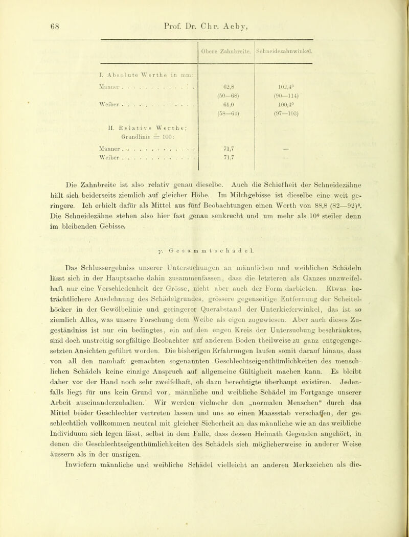 Obere Zahnbreite. Schneidezahnwinkel. I. Absolute Werthe in mm: Männer ! . 62,8 102,4° (50—68) (90—114) Weiber 61,0 100,4° (58—64) (97—103) II. Relative Werthe; Grundlinie = 100: Männer . 71,7 — Weiber 71,7 — Die Zahnbreite ist also relativ genau dieselbe. Auch die Schiefheit der Schneidezähne hält sich beiderseits ziemlich auf gleicher Höhe. Im Milchgebisse ist dieselbe eine weit ge- ringere. Ich erhielt dafür als Mittel aus fünf Beobachtungen einen Werth von 88,8 (82—92)°. Die Schneidezähne stehen also hier fast genau senkrecht und um mehr als 10° steiler denn im bleibenden Gebisse. y. Gesammtschädel. Das Schlussergebniss unserer Untersuchungen an männlichen und weiblichen Schädeln lässt sich in der Hauptsache dahin zusammenfassen, dass die letzteren als Ganzes unzweifel- haft nur eine Verschiedenheit der Grösse, nicht aber auch der Form darbieten. Etwas be- trächtlichere Ausdehnung des Schädelgrundes, grössere gegenseitige Entfernung der Scheitel- höcker in der Gewölbelinie und geringerer Querabstand der Unterkieferwinkel, das ist so ziemlich Alles, was unsere Forschung dem Weibe als eigen zugewiesen. Aber aueli dieses Zu- geständniss ist nur ein bedingtes, ein auf den engen Kreis der Untersuchung beschränktes, sind doch unstreitig sorgfältige Beobachter auf anderem Boden theilweise zu ganz entgegenge- setzten Ansichten geführt worden. Die bisherigen Erfahrungen laufen somit darauf hinaus, dass von all den namhaft gemachten sogenannten Geschlechtseigenthiimlichkeiten des mensch- lichen Schädels keine einzige Anspruch auf allgemeine Gültigheit machen kann. Es bleibt daher vor der Hand noch sehr zweifelhaft, ob dazu berechtigte überhaupt existiren. Jeden- falls liegt für uns kein Grund vor, männliche und weibliche Schädel im Fortgange unserer Arbeit auseinanderzuhalten. Wir werden vielmehr den „normalen Menschen“ durch das Mittel beider Geschlechter vertreten lassen und uns so einen Maassstab verschalen, der ge- schlechtlich vollkommen neutral mit gleicher Sicherheit an das männliche wie an das weibliche Individuum sich legen lässt, selbst in dem Falle, dass dessen Heimath Gegenden angehört, in denen die Geschlechtseigenthümlichkeiten des Schädels sich möglicherweise in anderer Weise äussern als in der unsrigen. Inwiefern männliche und weibliche Schädel vielleicht an anderen Merkzeichen als die-