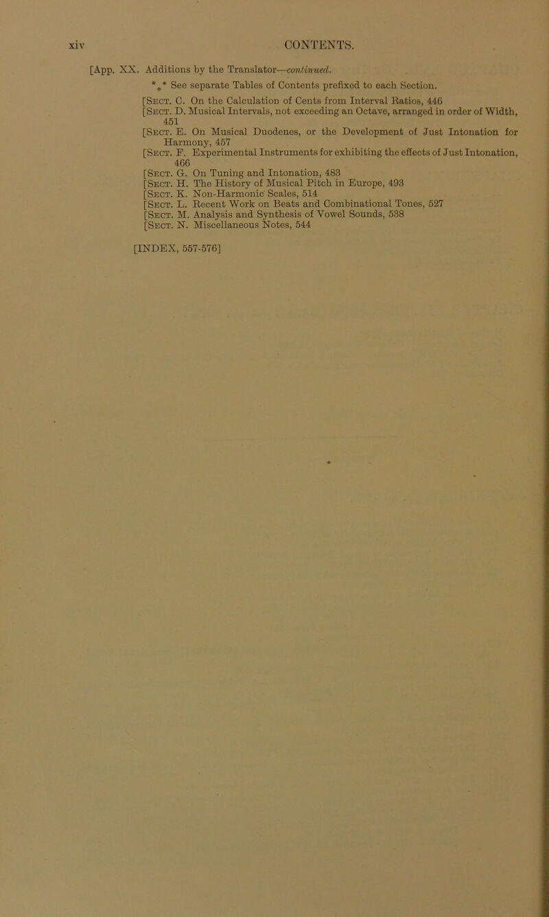 [App. XX. Additions by the Translator—continued. %* See separate Tables of Contents prefixed to each Section. [Sect. C. On the Calculation of Cents from Interval Ratios, 446 [Sect. D. Musical Intervals, not exceeding an Octave, arranged in Order of Width, 451 [Sect. E. On Musical Duodenes, or the Development of Just Intonation for Harmony, 457 [Sect. P. Experimental Instruments for exhibiting the effects of Just Intonation, 466 [Sect. G. On Tuning and Intonation, 483 [Sect. H. The History of Musical Pitch in Europe, 493 [Sect. K. Non-Harmonic Scales, 514 [Sect. L. Recent Work on Beats and Combinational Tones, 527 [Sect. M. Analysis and Synthesis of Vowel Sounds, 538 [Sect. N. Miscellaneous Notes, 544 [INDEX, 557-576]