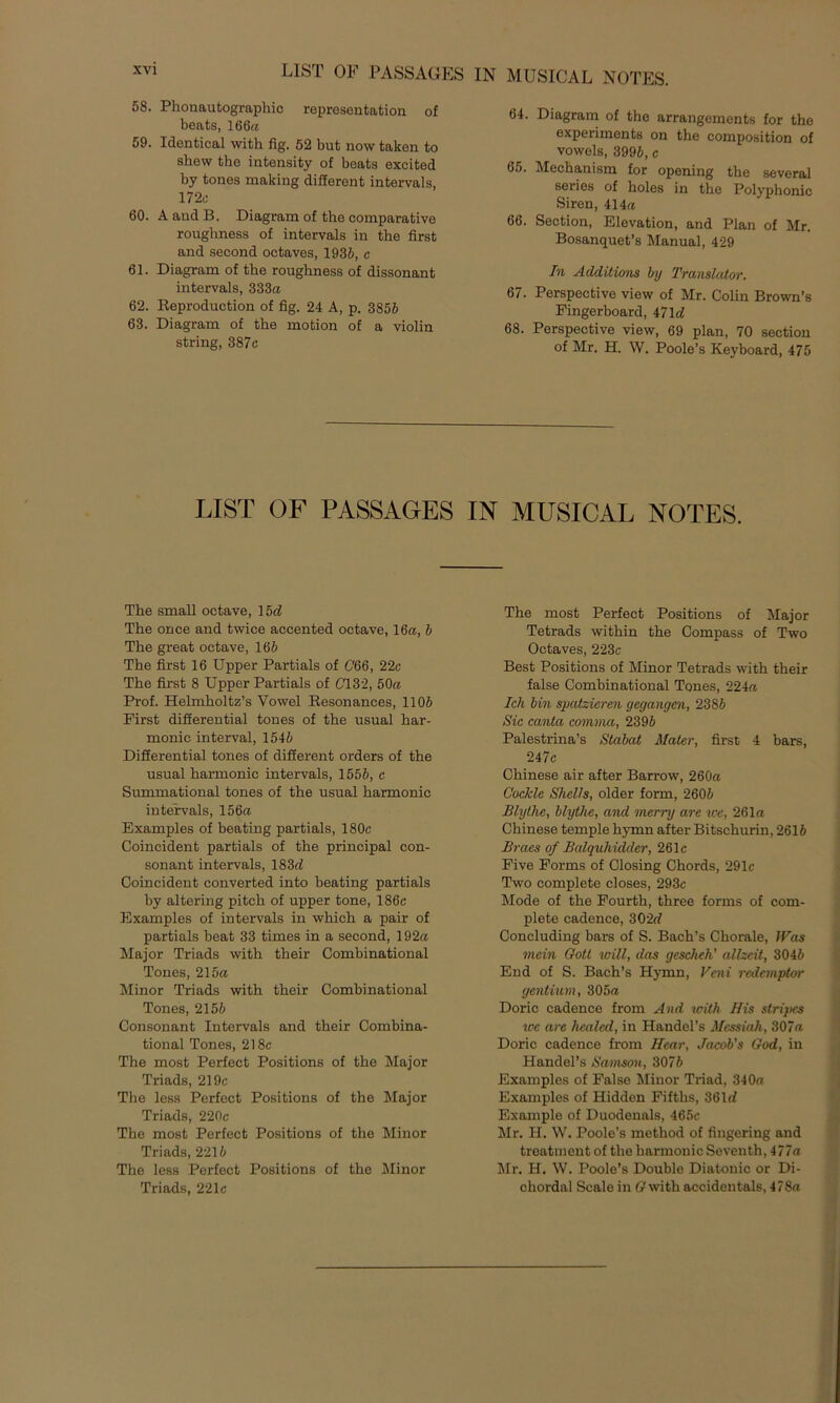 LIST OF PASSAGES IN MUSICAL NOTES. 58. Phonautographic represeatation of beats, 166« 59. Identical with fig. 52 but now taken to shew the intensity of boats excited by tones making different intervals, 172c 60. A and B. Diagram of the comparative roughness of intervals in the first and second octaves, 1935, c 61. Diagram of the roughness of dissonant intervals, 333« 62. Reproduction of fig. 24 A, p. 3855 63. Diagram of the motion of a violin string, 387c 64. Diagram of the arrangements for the experiments on the composition of vowels, 3995, c 65. Mechanism for opening the several series of holes in the Polyphonic Siren, 414« 66. Section, Elevation, and Plan of Mr. Bosanquet’s Manual, 429 In Additions by Translator. 67. Perspective view of Mr. Colin Brown’s Fingerboard, 471 d 68. Perspective view, 69 plan, 70 section of Mr. H. W. Poole’s Keyboard, 475 LIST OF PASSAGES IN MUSICAL NOTES. The small octave, 15d The once and twice accented octave, 16«, 5 The great octave, 165 The first 16 Upper Partiais of (766, 22c The first 8 Upper Partiais of (7132, 50« Prof. Helmholtz’s Vowel Resonances, 1105 First differential tones of the usual har- monic interval, 1545 Differential tones of different Orders of the usual harmonic intervals, 1555, c Summational tones of the usual harmonic intervals, 156« Examples of beatiug partials, 180c Coincident partials of the principal con- sonant intervals, 183cf Coincident converted into beating partials by altering pitch of upper tone, 186c Examples of intervals in which a pair of partials beat 33 times in a second, 192« Major Triads with their Combinational Tones, 215« Minor Triads with their Combinational Tones, 2155 Consonant Intervals and their Combina- tional Tones, 218c The most Perfect Positions of the Major Triads, 219c The less Perfect Positions of the Major Triads, 220c The most Perfect Positions of the Minor Triads, 2215 The less Perfect Positions of the Minor Triads, 221c The most Perfect Positions of Major Tetrads within the Compass of Two Octaves, 223c Best Positions of Minor Tetrads with their false Combinational Tones, 224« Ich bin spatzieren gegangen, 2385 Sic canta comma, 2395 Palestrina’s Stabat Mater, first 4 bars, 247c Chinese air after Barrow, 26Ö« C'ockle Shells, older form, 2605 Blythe, blyihe, and merry are we, 261 a Chinese temple hymn after Bitschurin, 2615 Braes of Balquhidder, 261c Five Forms of Closing Chords, 291c Two complete closes, 293c Mode of the Fourth, three forms of com- plete cadence, 302(7 Concluding bars of S. Bach’s Choräle, JVas mein Gott will, das gescheh’ allzeit, 3045 End of S. Bach’s Hymn, Veni redemptor gentium, 305« Doric cadence from And with His stripes icc are healed, in Handel’s Messiah, 307« Doric cadence from Hcar, Jaeob's God, in Handel’s Samson, 3075 Examples of False Minor Triad, 340« Examples of Hidden Fifths, 361(7 Example of Duodenals, 465c Mr. H. W. Poole’s method of fingering and treatment of the harmonic Seventh, 477« Mr. H. W. Poole’s Double Diatonic or Di- chordal Scale in G with accidentals, 478«