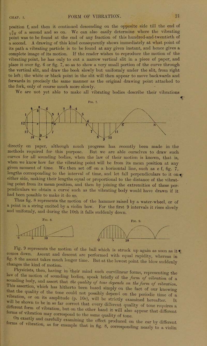 position f, and then it continued descending on the opposite side tili the end of of a second and so on. We can also easily determine ivhere the vibrating point was to be found at the end of any fraction of this hundred-and-twentieth of a second. A drawing of this kind consequently shows immediately at what point of its patli a vibrating partiale is to be found at any given instant, and hence gives a complete image of its motion. If the reader wishes to reproduce the rnotion of the vibrating point, he has only to cut a narrow vertical slit in a piece of paper, and place it over fig. 6 or fig. 7, so as to show a very small portion of the curve through the vertical slit, and draw the boolc slowly but uniformly under the slit, from right to left; the white or black point in the slit will then appear to move backward3 and forwards in precisely the same manner as the original drawing point attached to the fork, only of course much more slowly. We are not yet able to make all vibrating bodies describe their vibrations Fig. 7. directly on paper, although much progress has recently beeil made in the methods required for this purpose. But we are able ourselves to draw such curves for all sounding bodies, when the law of their motion is known, that is, when we know how far the vibrating point will be from its mean position at a.ny given moment of time. We then set off on a horizontal line, such as e f, fig. 7, lengths corresponding to the interval of time, and let fall perpendiculars to it on tj either side, making their lengths equal or proportional to the distance of the vibrat- ing point from its mean position, and then by joining the extremities of these per- pendiculars we obtain a curve such as the vibrating body would have drawn if it had beeil possible to make it do so. Ihus fig. 8 represents the motion of the hammer raised by a water-wheel, or of a point in a string excited by a violin bow. For the first 9 intervals it rises slowly and uniformly, and during the lOth it falls suddenly down. Iig. 9 represents the motion of the ball which is struck up again as soon as itfl comcs down. Ascent and descent are performed with equal rapidity, whereas in hg. 8 the ascent takes much longer time. But at the low^est point the blow suddenlv changes the kind of motion. J 1 hysicists, then, having in their mind such curvilinoar forms, representing the law of the motion of sounding bodies, speak briefly of the form of Vibration of a so iiidnig body, and assert that the qwcdity of tone depends on the form of Vibration. k Z!?, n,'“ hithCrt,° b°en baSed tha fa<* «f our knowing v wtn öf J > 7’° n ”0t l‘OSSiblj' <lepemI 0,1 the P°riodi° time of a wffl beloZZ h amP “de (1>' '?c)>  bc “amined hereafter. ft I toent fc „ n, Y\“° i °0miCt t*“‘ evei7 diDörc“t quality „f tone reqnires a form “? ' 1 °V the other hand it will also appear that different ms ot Vibration may correspond to the same quality of tone formsYT^Zl “T? thc cff<!ct P>™luoed on the ear by different °f 'lb'at,0n- “ for “““P'o t^t n fig- 8, corresponding „early to a violin