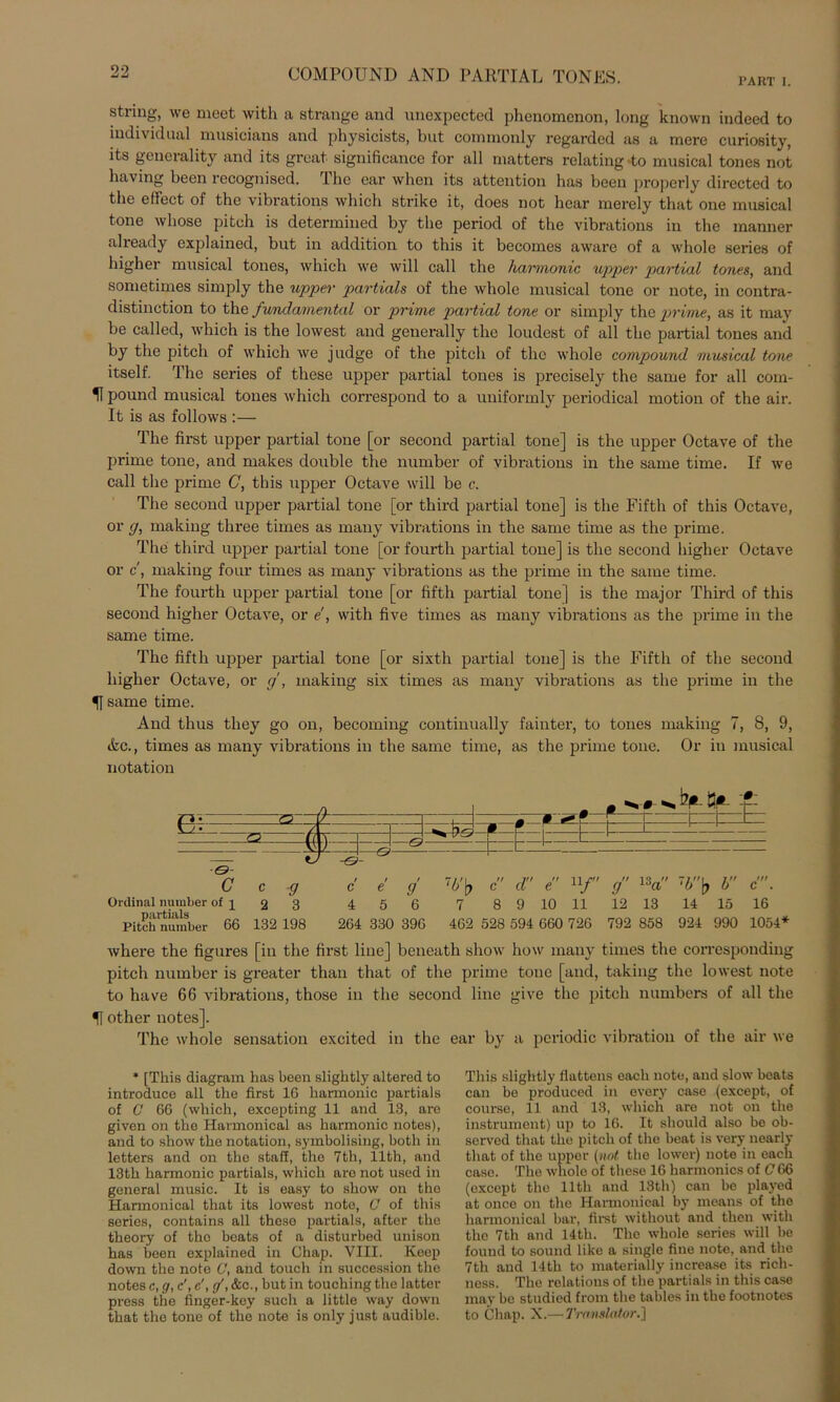 COMPOUND AND PARTIAL TONES. PART I. string, \ve meet with a stränge and unexpected phenomenon, long known indeed to individual musicians and physicists, but commonly regarded as a mere curiosity, lts gencrality and its great significance for all matters relating to musical tones not having been recognised. Ihc ear when its attention has beeil properly directed to the effect of the vibrations which strike it, does not hcar merely that one musical tone wliose pituh is determined by the period of the vibrations in the manner already explained, but in addition to this it becomes aware of a whole series of higher musical tones, which we will call the Harmonie vpper partial tones, and sometimes simply the upper partials of the whole musical tone or note, in contra- distinction to the fundamental or prime partial tone or simply the prime, as it may be callcd, which is the lowest and generally the loudest of all the partial tones and by the pitcli of which we judge of the pitch of the whole compound musical tone itself. The series of these upper partial tones is precisely the same for all com- U pound musical tones which correspond to a uniformly periodical motion of the air. It is as follows :— The first upper partial tone [or second partial tone] is the upper Octave of the prime tone, and makes double the number of vibrations in the same time. If we call the prime C, this upper Octave will be c. The second upper partial tone [or third partial tone] is the Fifth of this Octave, or g, ruaking tliree times as many vibrations in the same time as the prime. The third upper partial tone [or fourth partial tone] is the second higher Octave or c, ruaking four times as many vibrations as the prime in the same time. The fourth upper partial tone [or fifth partial tone | is the major Third of this second higher Octave, or e, with five times as many vibrations as the prime in the same time. The fifth upper partial tone [or sixth partial tone] is the Fifth of the second higher Octave, or g, making six times as many vibrations as the prime in the 51 same time. And thus they go on, becoming continually fainter, to tones making 7, 8, 9, &c., times as many vibrations in the same time, as the prime tone. Or in musical notation C c g c e g ~'Vft c d e uf Ordinal number of i 2 3 4 5 6 7 8 9 10 11 Pitch number 66 132 198 264 330 396 462 528 594 660 726 g lJa ‘0 ft o c . 12 13 14 15 16 792 858 924 990 1054* where the figures [in the first line] beneath show how many times the corresponding pitch number is greater than that of the prime tone [and, taking the lowest note to have 66 vibrations, those in the second line give the pitch numbers of all the 51 other notes]. The whole Sensation excited in the ear by a periodic Vibration of the air we * [This diagram has been slightly altered to introduce all the first 16 harmonic partials of C 66 (which, excepting 11 and 13, are given on the Hatmonical as harmonic notes), and to show the notation, symbolising, both in letters and on the staff, the 7th, llth, and 13th harmonic partials, which are not used in general music. It is easy to show on the Harmonical that its lowest note, C of this series, contains all theso partials, after the theory of tho beats of a disturbed unison has been explained in Chap. VIII. Keep down the note G, and touch in succession the notes c, g, c', c', cf, &c., but in touching the latter press the finger-key such a little way down that tho tone of tho note is only just audible. This slightly flattens each note, and slow beats can be produced in every case (except, of course, 11 and 13, which are not on the instrument) up to 16. It should also be ob- served that the pitch of the beat is very nearly that of the upper (not the lower) note in each case. The whole of these 16 harmonics of C66 (except the llth and ISth) can be played at once on the Harmonical by means of the harmonical bar, first without and then with the 7th and 14th. The whole series will be found to sound like a single fine note, and the 7th and llth to materinlly increase its rich- ness. Tho relations of the partials in this case may be studied from the tables in the footnotes to Chap. X.—Translator.]