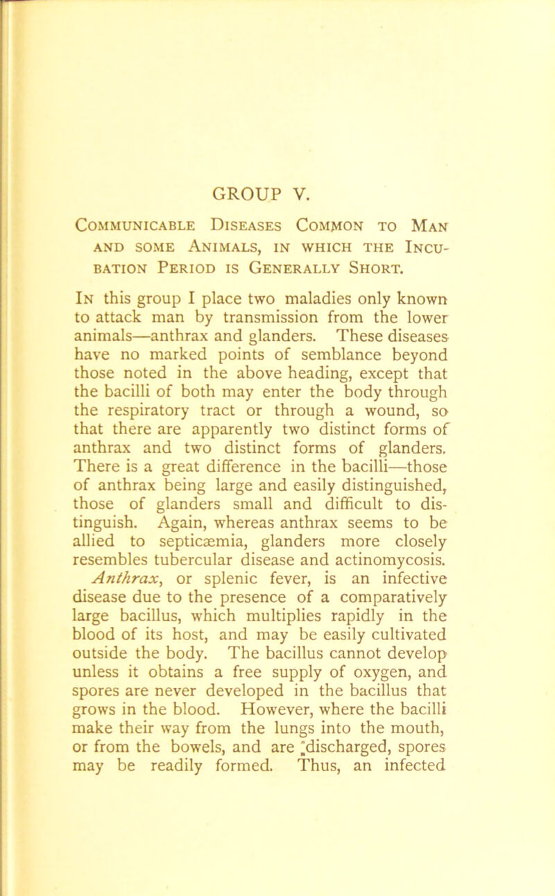 GROUP V. Communicable Diseases Common to Man and some Animals, in which the Incu- bation Period is Generally Short. In this group I place two maladies only known to attack man by transmission from the lower animals—anthrax and glanders. These diseases have no marked points of semblance beyond those noted in the above heading, except that the bacilli of both may enter the body through the respiratory tract or through a wound, so that there are apparently two distinct forms of anthrax and two distinct forms of glanders. There is a great difference in the bacilli—those of anthrax being large and easily distinguished, those of glanders small and difficult to dis- tinguish. Again, whereas anthrax seems to be allied to septicaemia, glanders more closely resembles tubercular disease and actinomycosis. Anthrax, or splenic fever, is an infective disease due to the presence of a comparatively large bacillus, which multiplies rapidly in the blood of its host, and may be easily cultivated outside the body. The bacillus cannot develop unless it obtains a free supply of oxygen, and spores are never developed in the bacillus that grows in the blood. However, where the bacilli make their way from the lungs into the mouth, or from the bowels, and are .[discharged, spores may be readily formed. Thus, an infected