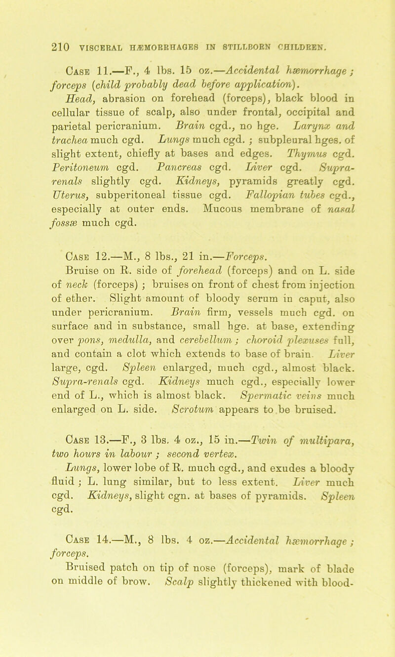 Case 11.—F., 4 lbs. 15 oz.—Accidental hse'morrhage ; forceps {child probably dead before application). Head, abrasion on forehead (forceps), black blood in cellular tissue of scalp, also under frontal, occipital and parietal pericranium. Brain cgd., no hge. Larynx and trachea much cgd. Lungs much cgd. ; subpleural hges. of slight extent, chiefly at bases and edges. Thymus cgd. Peritoneum cgd. Pancreas cgd. Liver cgd. Supra- renals slightly cgd. Kidneys, pyramids greatly cgd. Uterus, subperitoneal tissue cgd. Fallopian tubes cgd., especially at outer ends. Mucous membrane of nasal fossae much cgd. Case 12.—M., 8 lbs., 21 in.—Forceps. Bruise on It. side of forehead (forceps) and on L. side of neck (forceps) ; bruises on front of chest from injection of ether. Slight amount of bloody serum in caput, also under pericranium. Brain firm, vessels much cgd. on surface and in substance, small hge. at base, extending over pons, medulla, and cerebellum ; choroid plexuses full, and contain a clot which extends to base of brain. Liver large, cgd. Spleen enlarged, much cgd., almost black. Supra-renals cgd. Kidneys much cgd., especially lower end of L., which is almost black. Spermatic veins much enlarged on L. side. Scrotum appears to be bruised. Case 13.—F., 3 lbs. 4 oz., 15 in.—Twin of multipara, two hours in labour ; second vertex. Lungs, lower lobe of It. much cgd., and exudes a bloody fluid ; L. lung similar, but to less extent. Liver much cgd. Kidneys, slight cgn. at bases of pyramids. Spleen cgd. Case 14.—M., 8 lbs. 4 oz.—Accidental haemorrhage ; forceps. Bruised patch on tip of nose (forceps), mark of blade on middle of brow. Scalp slightly thickened with blood-