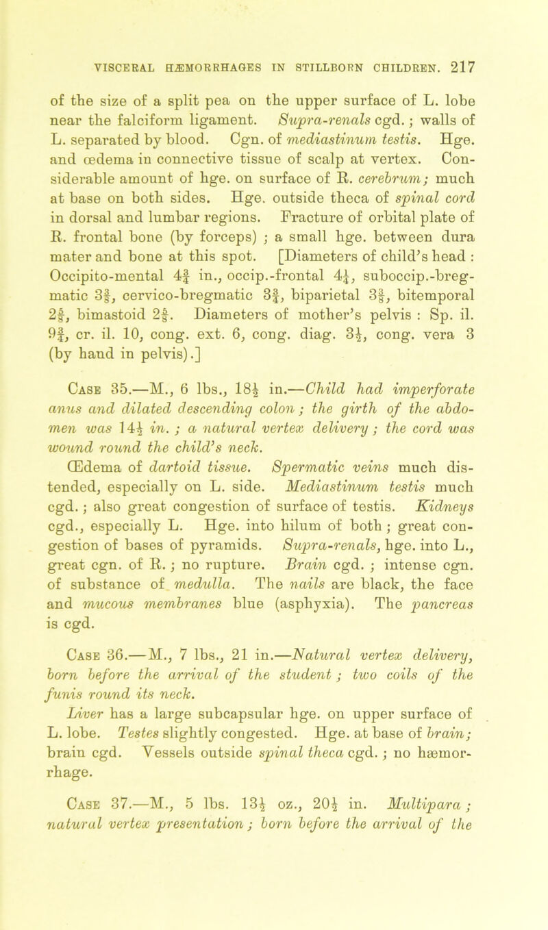 of the size of a split pea on the upper surface of L. lobe near the falciform ligament. Supra-renals cgd.; walls of L. separated by blood. Cgn. of mediastinum testis. Hge. and oedema in connective tissue of scalp at vei'tex. Con- siderable amount of hge. on surface of R. cerebrum; much at base on both sides. Hge. outside theca of spinal cord in dorsal and lumbar regions. Fracture of orbital plate of R. frontal bone (by forceps) ; a small hge. between dura mater and bone at this spot. [Diameters of child’s head : Occipito-mental 4f in., occip.-frontal 4|, suboccip.-breg- matic 3§, cervico-bregmatic 3f, biparietal 3|, bitemporal 2f, bimastoid 2f. Diameters of mother’s pelvis : Sp. il. 9§, cr. il. 10, cong. ext. 6, cong. diag. 3£, cong. vera 3 (by hand in pelvis).] Case 35.—M., 6 lbs., 18^ in.—Child had imperforate amis and dilated descending colon ; the girth of the abdo- men was 14| in. ; a natural vertex delivery ; the cord was wound round the child’s neck. CEdetna of dartoid tissue. Spermatic veins much dis- tended, especially on L. side. Mediastinum testis much cgd.; also great congestion of surface of testis. Kidneys cgd., especially L. Hge. into hilum of both ; great con- gestion of bases of pyramids. Supra-renals, hge. into L., great cgn. of R.; no rupture. Brain cgd. ; intense cgn. of substance of medulla. The nails are black, the face and mucous membranes blue (asphyxia). The pancreas is cgd. Case 36.—M., 7 lbs., 21 in.—Natural vertex delivery, born before the arrival of the student ; two coils of the funis round its neck. Liver has a large subcapsular hge. on upper surface of L. lobe. Testes slightly congested. Hge. at base of brain; brain cgd. Vessels outside spinal theca cgd.; no haemor- rhage. Case 37.—M., 5 lbs. 13^ oz., 20^ in. Multipara; natural vertex presentation ; born before the arrival of the