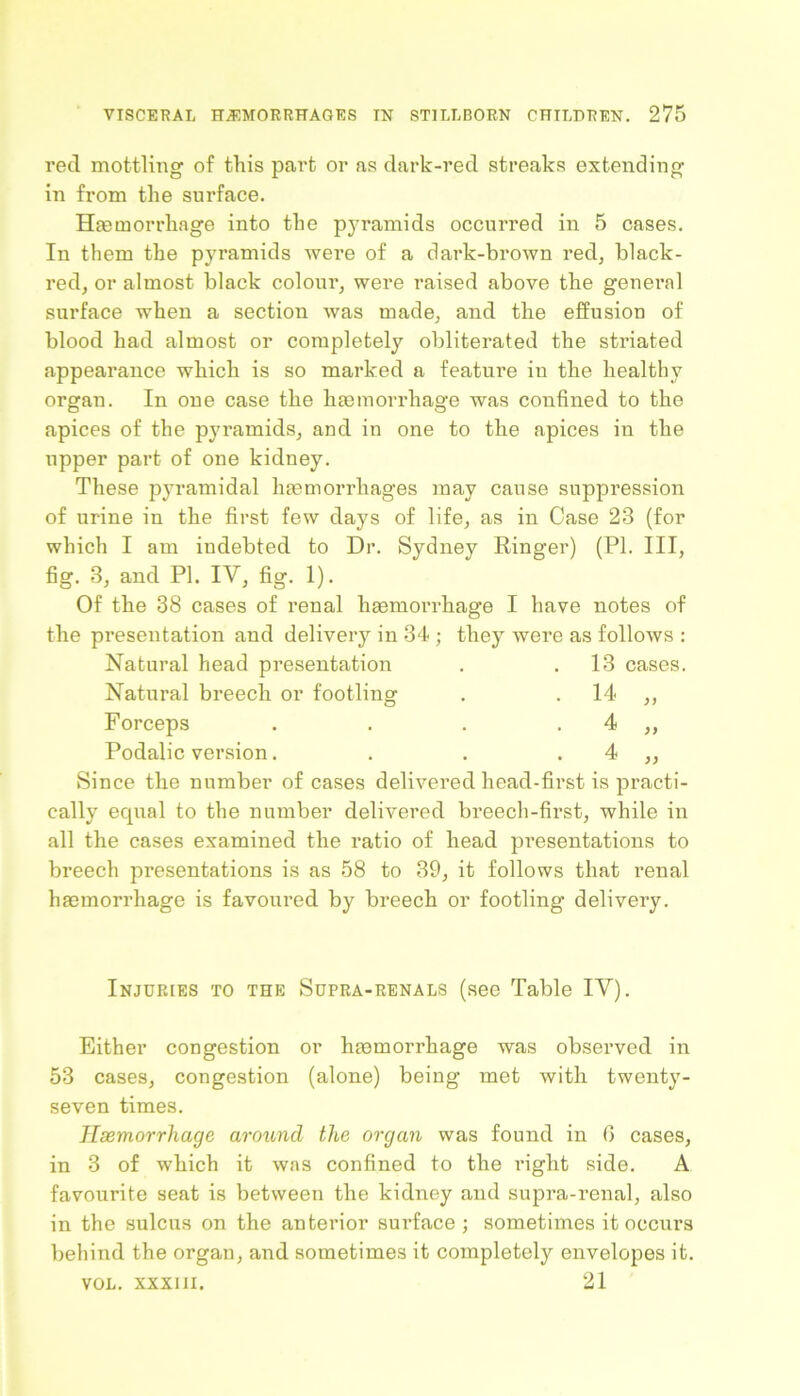 reel mottling of this part or as dark-red streaks extending in from the surface. Haemorrhage into the pyramids occurred in 5 cases. In them the pyramids were of a dark-brown red, black- red, or almost black colour, were raised above the general surface when a section was made, and the effusion of blood had almost or completely obliterated the striated appearance which is so marked a feature in the healthy organ. In one case the haemorrhage was confined to the apices of the pyramids, and in one to the apices in the upper part of one kidney. These pyramidal haemorrhages may cause suppression of urine in the first few days of life, as in Case 23 (for which I am indebted to Dr. Sydney Ringer) (PI. Ill, fig. 3, and PI. IV, fig. 1). Of the 38 cases of renal haemorrhage I have notes of the presentation and delivery in 34 ; they were as follows : Natural head presentation . .13 cases. Natural breech or footling . . 14 ,, Forceps . . . . 4 ,, Podalic version. . . . 4 ,, Since the number of cases delivered head-first is practi- cally equal to the number delivered breech-first, while in all the cases examined the ratio of head presentations to breech presentations is as 58 to 39, it follows that renal haemorrhage is favoured by breech or footling delivery. Injuries to the Supra-renals (see Table IV). Either congestion or haemorrhage was observed in 53 cases, congestion (alone) being met with twenty- seven times. Haemorrhage around the organ was found in fi cases, in 3 of which it was confined to the right side. A favourite seat is between the kidney and supra-renal, also in the sulcus on the anterior surface; sometimes it occurs behind the organ, and sometimes it completely envelopes it. vol. xxxm. 21