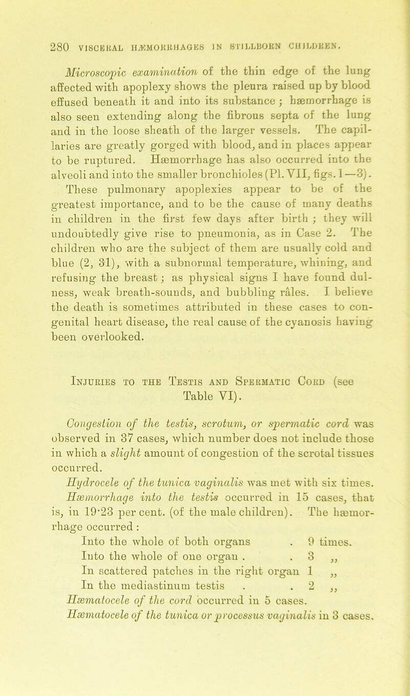 Microscopic examination of the thin edge of the lung affected with apoplexy shows the pleura raised up by blood effused beneath it and into its substance ; haemorrhage is also seen extending along the fibrous septa of the lung and in the loose sheath of the larger vessels. The capil- laries are greatly gorged with blood, and in places appear to be ruptured. Haemorrhage has also occurred into the alveoli and into the smaller bronchioles (PI. VII, figs. 1 —3). These pulmonary apoplexies appear to be of the greatest importance, and to be the cause of many deaths in children in the first few days after birth ; they will undoubtedly give rise to pneumonia, as in Case 2. The children who are the subject of them are usually cold and blue (2, 31), with a subnormal temperature, whining, and refusing the breast; as physical signs I have found dul- ness, weak breath-sounds, and bubbling rales. I believe the death is sometimes attributed in these cases to con- genital heart disease, the real cause of the cyanosis having been overlooked. Injuries to the Testis and Spermatic Coed (see Table VI). Congestion of the testis, scrotum, or spermatic cord was observed in 37 cases, which number does not include those in which a slight amount of congestion of the scrotal tissues occurred. Hydrocele of the tunica vaginalis was met with six times. Hsemorrhcige into the testis occurred in 15 cases, that is, in 19‘23 percent, (of the male children). The haemor- rhage occurred : Into the whole of both organs . 9 times. Iuto the whole of one organ . 3 ,, In scattered patches in the right organ 1 „ In the mediastinum testis . . 2 ,, Ilcematocele of the cord occurred in 5 cases. Ilxmatocele of the tunica or processus vaginalis in 3 cases.