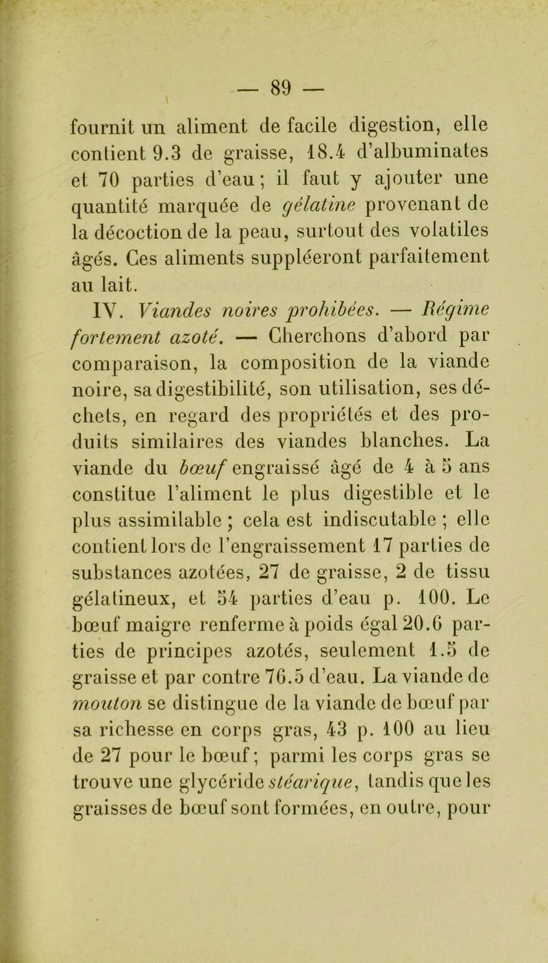 fournit un aliment de facile digestion, elle contient 9.3 de graisse, 18.4 d’albuminates et 70 parties d’eau; il faut y ajouter une quantité marquée de gélatine provenant de la décoction de la peau, surtout des volatiles âgés. Ces aliments suppléeront parfaitement au lait. IV. Viandes noires prohibées. — Régime fortement azoté. — Cherchons d’abord par comparaison, la composition de la viande noire, sa digestibilité, son utilisation, ses dé- chets, en regard des propriétés et des pro- duits similaires des viandes blanches. La viande du bœuf engraissé âgé de 4 à 5 ans constitue l’aliment le plus digestible et le plus assimilable ; cela est indiscutable ; elle contient lors de l’engraissement 17 parties de substances azotées, 27 de graisse, 2 de tissu gélatineux, et o4 parties d’eau p. 100. Le bœuf maigre renferme à poids égal 20.G par- ties de principes azotés, seulement 1.3 de graisse et par contre 76.5 d’eau. La viande de mouton se distingue de la viande de bœuf par sa richesse en corps gras, 43 p. 100 au lieu de 27 pour le bœuf; parmi les corps gras se trouve une glycéride stéarique, tandis que les graisses de bœuf sont formées, en outre, pour