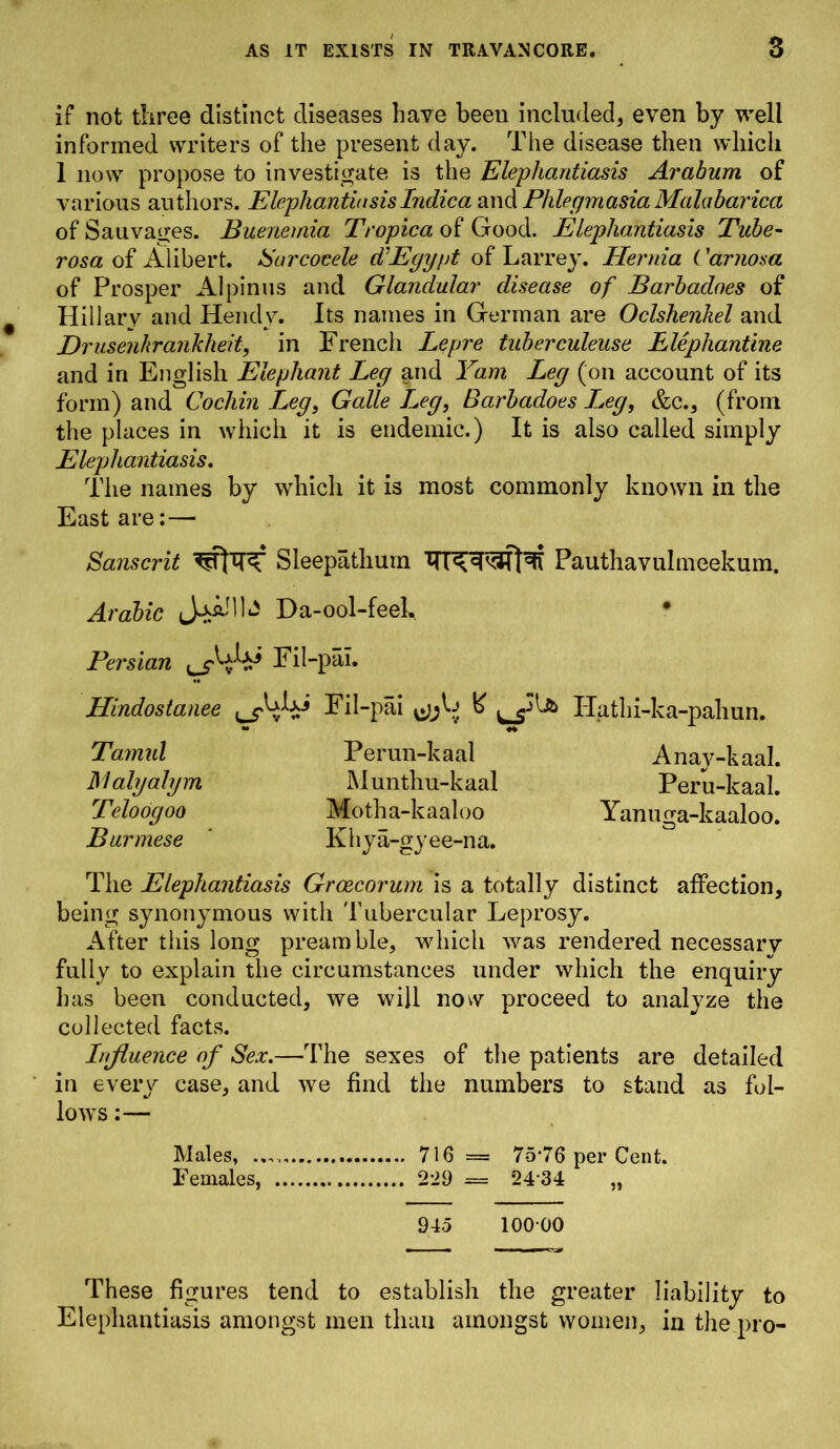 if not three distinct diseases have been included, even by well informed writers of the present day. The disease then which 1 now propose to investigate is the Elephantiasis Arahum of various authors. Elephantiasis Indica and Phlegmasia Malabarica of Sauvages. Buenonia Tropica of Good. Elephantiasis Tube- rosa of Alibert. Surcocele dEgypt of Larrey. Hernia ('arnosa of Prosper Alpinus and Glandular disease of Barbadoes of Hillary and Hendy. Its names in German are Oclshenkel and jDrusenltrankheit, in French Lepre tuberculeuse Elephantine and in English Elephant Leg and Yam Leg (on account of its form) and Cochin Leg, Galle Leg, Barbadoes L,eg, &c., (from the places in which it is endemic.) It is also called simply Elephantiasis. The names by which it is most commonly known in the East are: — Sanscrit Sleepathuin Pauthavulmeekum. Arabic Da-ool-feel. Persian Fil-pai. Hindostanee Fil-pai ^yG b Tamul Malyahym Teloogoo Burmese Perun-kaal Munthu-kaal Motha-kaaloo Khya-gyee-na. Ilathi-ka-pahun. Anay-kaal. Peru-kaal. Yanuga-kaaloo. The Elephantiasis Groecorum is a totally distinct affection, being synonymous with Tubercular Leprosy. After this long preamble, which was rendered necessary fully to explain the circumstances under which the enquiry has been conducted, we will now proceed to analyze the collected facts. L/rfluence of Sex.—The sexes of the patients are detailed in every case, and we find the numbers to stand as fol- lows :— Males, 716 = 75‘76 per Cent. Females, 229 == 24 34 „ 945 100-00 These figures tend to establish the greater liability to Elephantiasis amongst men than amongst women, in the pro-