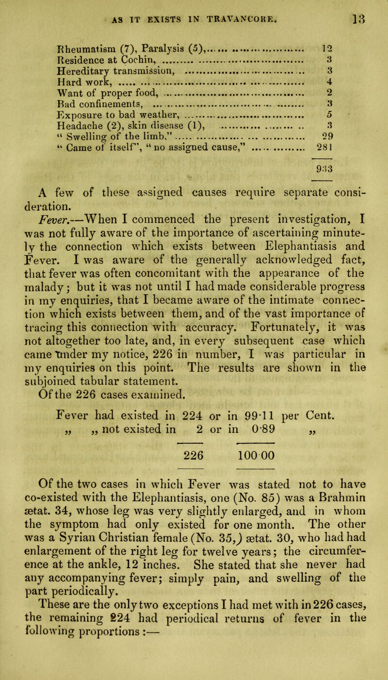 Rheumatism (7), Paralysis (5), 12 Residence at Cochin, 3 Hereditary transmission, 3 Hard work, 4 Want of proper food, 2 Bad confinements, 3 Exposure to bad weather, 5 Headache (2), skin disease (1), 3 “ Swelling of the limb,” 29 “ Came of itself”, “ no assigned cause,” 281 983 A few of these assigned causes require separate consi- deration. Fever.—When I commenced the present investigation, I was not fully aware of the importance of ascertaining minute- ly the connection which exists between Elephantiasis and Fever. I was aware of the generally acknowledged fact, that fever was often concomitant with the appearance of the malady; but it was not until I had made considerable progress in my enquiries, that I became aware of the intimate connec- tion which exists between them, and of the vast importance of tracing this connection with accuracy. Fortunately, it was not altogether too late, and, in every subsequent case which came Tmder my notice, 226 in number, I was particular in my enquiries on this point. The results are shown in the subjoined tabular statement. Of the 226 cases examined. Fever had existed in 224 or in 99-11 per Cent. „ „ not existed in 2 or in 0-89 „ 226 10000 Of the two cases in which Fever was stated not to have co-existed with the Elephantiasis, one (No. 85) was a Brahmin setat. 34, whose leg was very slightly enlarged, and in whom the symptom had only existed for one month. The other was a Syrian Christian female (No. 35,) setat. 30, who had had enlargement of the right leg for twelve years; the circumfer- ence at the ankle, 12 inches. She stated that she never had any accompanying fever; simply pain, and swelling of the part periodically. These are the only two exceptions I had met with in 226 cases, the remaining 224 had periodical returns of fever in the following proportions:—