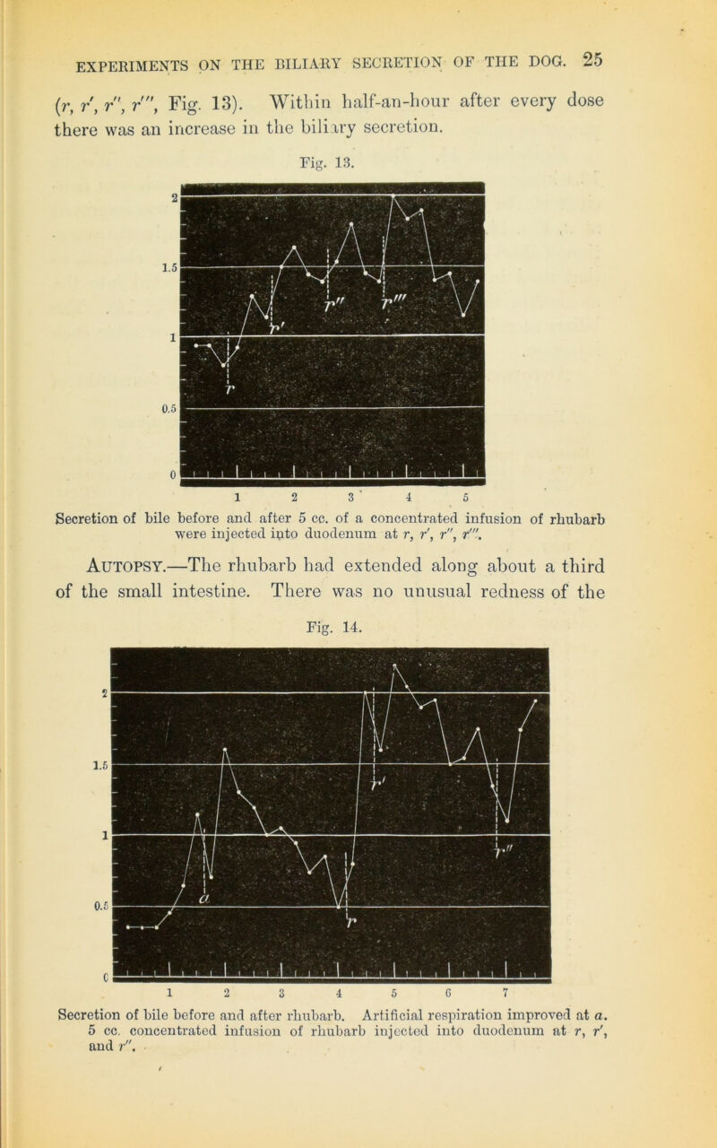 (r, r, r, r , Fig. 13). Within half-an-hour after every dose there was an increase in the biliary secretion. 2 1.5 1 0.5 0 Secretion of bile before and after 5 cc. of a concentrated infusion of rhubarb were injected into duodenum at r, r', r, r'. Autopsy.—The rhubarb had extended along about a third of the small intestine. There was no unusual redness of the Fig. 14. 1 2 3 4 5 G 7 Secretion of bile before and after rhubarb. Artificial respiration improved at a. 5 cc. concentrated infusion of rhubarb injected into duodenum at r, r\ and r.