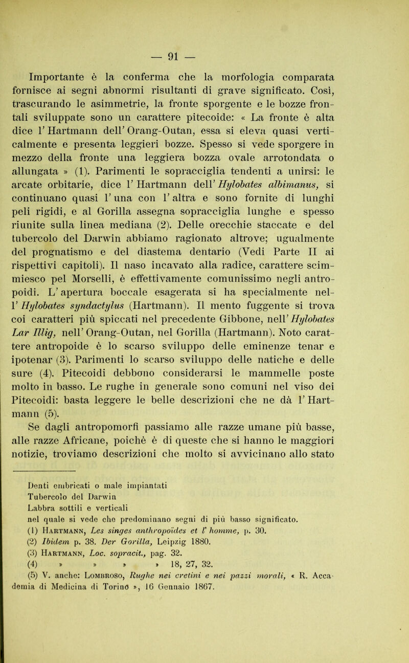 Importante è la conferma che la morfologia comparata fornisce ai segni abnormi risultanti di grave significato. Cosi, trascurando le asimmetrie, la fronte sporgente e le bozze fron- tali sviluppate sono un carattere pitecoide: « La fronte è alta dice r Hartmann deir Orang-Outan, essa si eleva quasi verti- calmente e presenta leggieri bozze. Spesso si vede sporgere in mezzo della fronte una leggiera bozza ovale arrotondata o allungata » (1). Parimenti le sopracciglia tendenti a unirsi: le arcate orbitarie, dice V Hartmann delP Hylohates albimanus, si continuano quasi P una con P altra e sono fornite di lunghi peli rigidi, e al Gorilla assegna sopracciglia lunghe e spesso riunite sulla linea mediana (2). Delle orecchie staccate e del tubercolo del Darwin abbiamo ragionato altrove; ugualmente del prognatismo e del diastema dentario (Vedi Parte II ai rispettivi capitoli). Il naso incavato alla radice, carattere scim- miesco pel Morselli, è effettivamente comunissimo negli antro- poidi. L’apertura boccale esagerata si ha specialmente nel- P Hylohates syndactylus (Hartmann). Il mento fuggente si trova coi caratteri più spiccati nel precedente Gibbone, noiV Hylohates Lar Rlig, nelP Orang-Outan, nel Gorilla (Hartmann). Noto carat- tere antropoide è lo scarso sviluppo delle eminenze tenar e ipotenar (3). Parimenti lo scarso sviluppo delle natiche e delle sure (4). Pitecoidi debbono considerarsi le mammelle poste molto in basso. Le rughe in generale sono comuni nel viso dei Pitecoidi: basta leggere le belle descrizioni che ne dà P Hart- mann (5). Se dagli antropomorfi passiamo alle razze umane più basse, alle razze Africane, poiché è di queste che si hanno le maggiori notizie, troviamo descrizioni che molto si avvicinano allo stato Denti embricati o male impiantati Tubercolo del Darwin Labbra sottili e verticali nel quale si vede che predominano segni di più basso significato. (1) Hartmann, Les singes anlhropóides et V homme, p. 30. (2) Ibidem p. 38. Der Gorilla, Leipzig 1880. (3) Hartmann, Loc. sopracit., pag. 32. (4) » » » » 18, 27, 32. (5) V. anche: Lombroso, Rughe nei cretini e nei pazzi morali, « R. Acca- demia di Medicina di Torino », 16 Gennaio 1867.