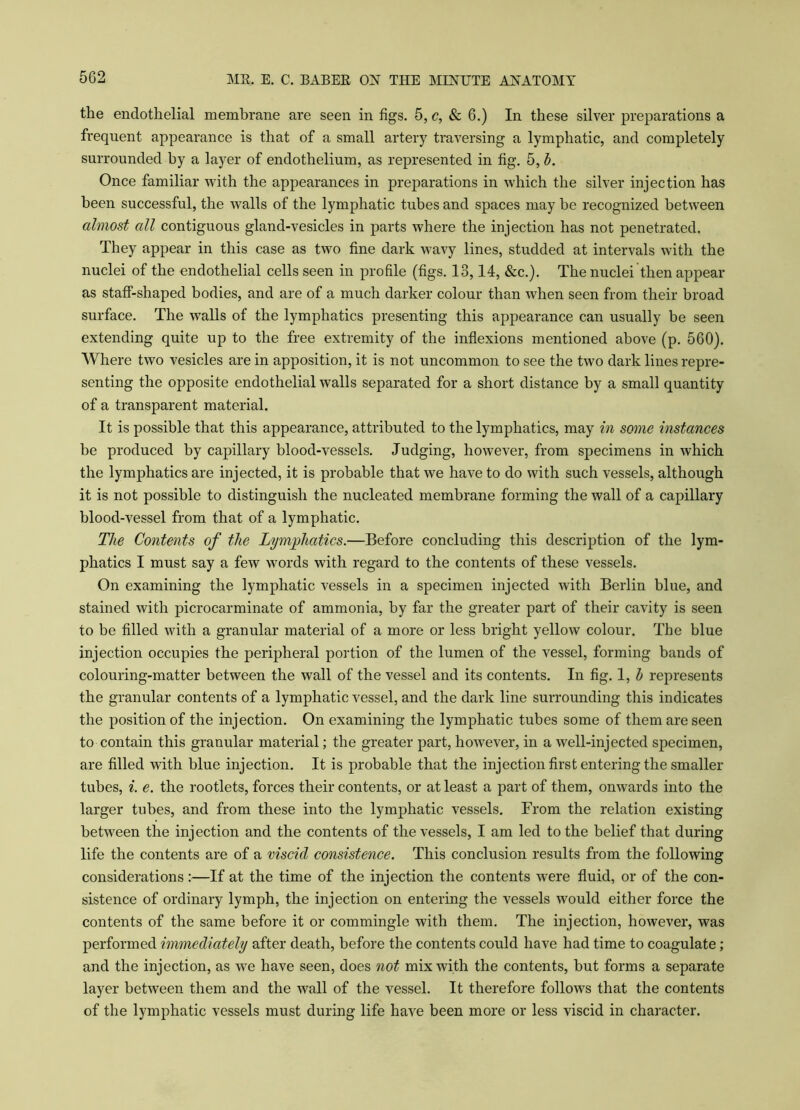 the endothelial membrane are seen in figs. 5, c, & 6.) In these silver preparations a frequent appearance is that of a small artery traversing a lymphatic, and completely surrounded by a layer of endothelium, as represented in fig. 5, b. Once familiar with the appearances in preparations in which the silver injection has been successful, the walls of the lymphatic tubes and spaces may be recognized between almost all contiguous gland-vesicles in parts where the injection has not penetrated. They appear in this case as two fine dark wavy lines, studded at intervals with the nuclei of the endothelial cells seen in profile (figs. 13,14, &c.). The nuclei then appear as staff-shaped bodies, and are of a much darker colour than when seen from their broad surface. The walls of the lymphatics presenting this appearance can usually be seen extending quite up to the free extremity of the inflexions mentioned above (p. 560). Where two vesicles are in apposition, it is not uncommon to see the two dark lines repre- senting the opposite endothelial walls separated for a short distance by a small quantity of a transparent material. It is possible that this appearance, attributed to the lymphatics, may in some instances be produced by capillary blood-vessels. Judging, however, from specimens in which the lymphatics are injected, it is probable that we have to do with such vessels, although it is not possible to distinguish the nucleated membrane forming the wall of a capillary blood-vessel from that of a lymphatic. The Contents of the Lymphatics.—Before concluding this description of the lym- phatics I must say a few words with regard to the contents of these vessels. On examining the lymphatic vessels in a specimen injected with Berlin blue, and stained with picrocarminate of ammonia, by far the greater part of their cavity is seen to be filled with a granular material of a more or less bright yellow colour. The blue injection occupies the peripheral portion of the lumen of the vessel, forming bands of colouring-matter between the wall of the vessel and its contents. In fig. 1, b represents the granular contents of a lymphatic vessel, and the dark line surrounding this indicates the position of the injection. On examining the lymphatic tubes some of them are seen to contain this granular material; the greater part, however, in a well-injected specimen, are filled with blue injection. It is probable that the injection first entering the smaller tubes, i. e. the rootlets, forces their contents, or at least a part of them, onwards into the larger tubes, and from these into the lymphatic vessels. From the relation existing between the injection and the contents of the vessels, I am led to the belief that during life the contents are of a viscid consistence. This conclusion results from the following considerations:—If at the time of the injection the contents were fluid, or of the con- sistence of ordinary lymph, the injection on entering the vessels would either force the contents of the same before it or commingle with them. The injection, however, was performed immediately after death, before the contents could have had time to coagulate; and the injection, as we have seen, does not mix with the contents, but forms a separate layer between them and the wall of the vessel. It therefore follows that the contents of the lymphatic vessels must during life have been more or less viscid in character.