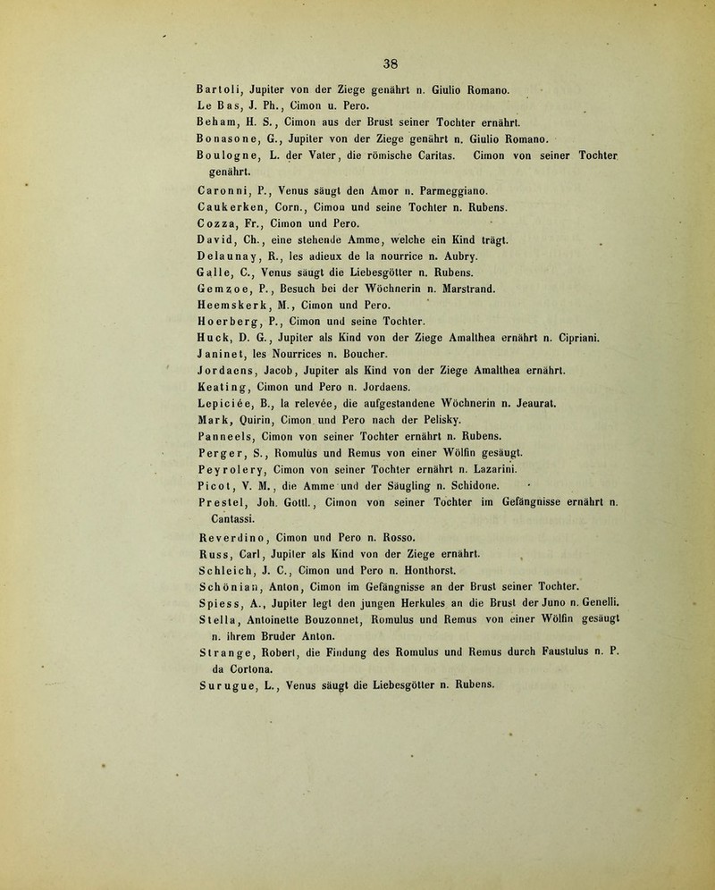 Bartoli, Jupiter von der Ziege genährt n. Giulio Romano. Le Bas, J. Ph., Cimon u. Pero. Beham, H. S., Cimon aus der Brust seiner Tochter ernährt. Bonasone, G., Jupiter von der Ziege genährt n. Giulio Romano. Boulogne, L. der Vater, die römische Caritas. Cimon von seiner Tochter genährt. Caronni, P., Venus säugt den Amor n. Parmeggiano. Caukerken, Corn., Cimon und seine Tochter n. Rubens. Cozza, Fr., Cimon und Pero. David, Ch., eine stehende Amme, welche ein Kind trägt. Delaunay, R., les adieux de la nourrice n. Aubry. Galle, C., Venus säugt die Liebesgötter n. Rubens. Gemzoe, P., Besuch bei der Wöchnerin n. Marstrand. Heemskerk, M., Cimon und Pero. Ho erb erg, P., Cimon und seine Tochter. Huck, D. G., Jupiter als Kind von der Ziege Amalthea ernährt n. Cipriani. J aninet, les Nourrices n. Boucher. Jordaens, Jacob, Jupiter als Kind von der Ziege Amalthea ernährt. Keating, Cimon und Pero n. Jordaens. Lepiciee, B., la relevee, die aufgestandene Wöchnerin n. Jeaurat. Mark, Quirin, Cimon und Pero nach der Pelisky. Panneeis, Cimon von seiner Tochter ernährt n. Rubens. Perger, S., Romulüs und Remus von einer Wölfin gesäugt. Peyrolery, Cimon von seiner Tochter ernährt n. Lazarini. Picot, V. M., die Amme und der Säugling n. Schidone. Prestel, Joh. Gottl., Cimon von seiner Tochter im Gefängnisse ernährt n. Cantassi. Reverdino, Cimon und Pero n. Rosso. Russ, Carl, Jupiler als Kind von der Ziege ernährt. Schleich, J. C., Cimon und Pero n. Honthorst. Schönian, Anton, Cimon im Gefängnisse an der Brust seiner Tochter. Spiess, A., Jupiter legt den jungen Herkules an die Brust der Juno n. Genelli. Stella, Antoinette Bouzonnet, Romulus und Remus von einer Wölfin gesäugt n. ihrem Bruder Anton. Strange, Robert, die Findung des Romulus und Remus durch Faustulus n. P. da Cortona. Surugue, L., Venus säugt die Liebesgötter n. Rubens.