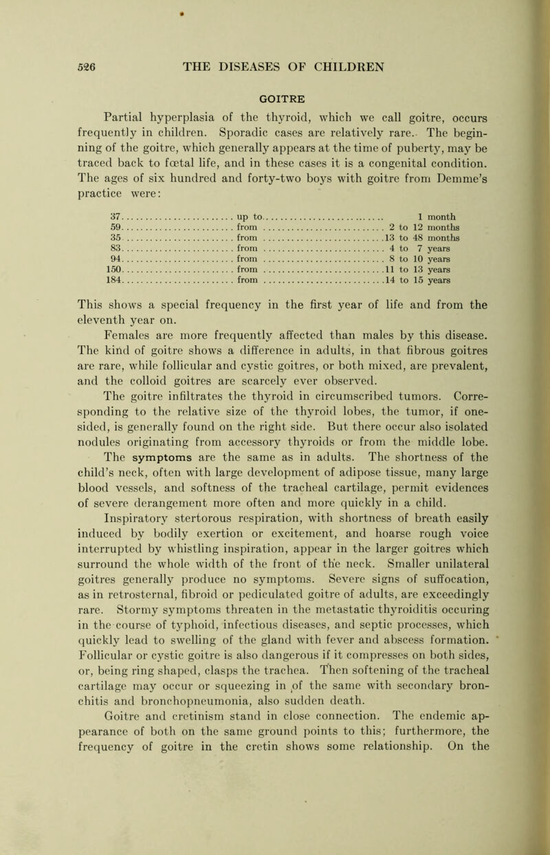 GOITRE Partial hyperplasia of the thyroid, which we call goitre, occurs frequently in children. Sporadic cases are relatively rare. The begin- ning of the goitre, which generally appears at the time of puberty, may be traced back to foetal life, and in these cases it is a congenital condition. The ages of six hundred and forty-two boys with goitre from Demme’s practice were: 37 up to 1 month 59 from 2 to 12 months 35 from 13 to 48 months 83 from 4 to 7 years 94 from 8 to 10 years 150 from 11 to 13 years 184 from 14 to 15 years This shows a special frequency in the first year of life and from the eleventh year on. Females are more frequently affected than males by this disease. The kind of goitre shows a difference in adults, in that fibrous goitres are rare, while follicular and cystic goitres, or both mixed, are prevalent, and the colloid goitres are scarcely ever observed. The goitre infiltrates the thyroid in circumscribed tumors. Corre- sponding to the relative size of the thyroid lobes, the tumor, if one- sided, is generally found on the right side. But there occur also isolated nodules originating from accessory thyroids or from the middle lobe. The symptoms are the same as in adults. The shortness of the child’s neck, often with large development of adipose tissue, many large blood vessels, and softness of the tracheal cartilage, permit evidences of severe derangement more often and more quickly in a child. Inspiratory stertorous respiration, with shortness of breath easily induced by bodily exertion or excitement, and hoarse rough voice interrupted by whistling inspiration, appear in the larger goitres which surround the whole width of the front of the neck. Smaller unilateral goitres generally produce no symptoms. Severe signs of suffocation, as in retrosternal, fibroid or pediculated goitre of adults, are exceedingly rare. Stormy symptoms threaten in the metastatic thyroiditis occuring in the course of typhoid, infectious diseases, and septic processes, which quickly lead to swelling of the gland with fever and abscess formation. Follicular or cystic goitre is also dangerous if it compresses on both sides, or, being ring shaped, clasps the trachea. Then softening of the tracheal cartilage may occur or squeezing in of the same with secondary bron- chitis and bronchopneumonia, also sudden death. Goitre and cretinism stand in close connection. The endemic ap- pearance of both on the same ground points to this; furthermore, the frequency of goitre in the cretin shows some relationship. On the