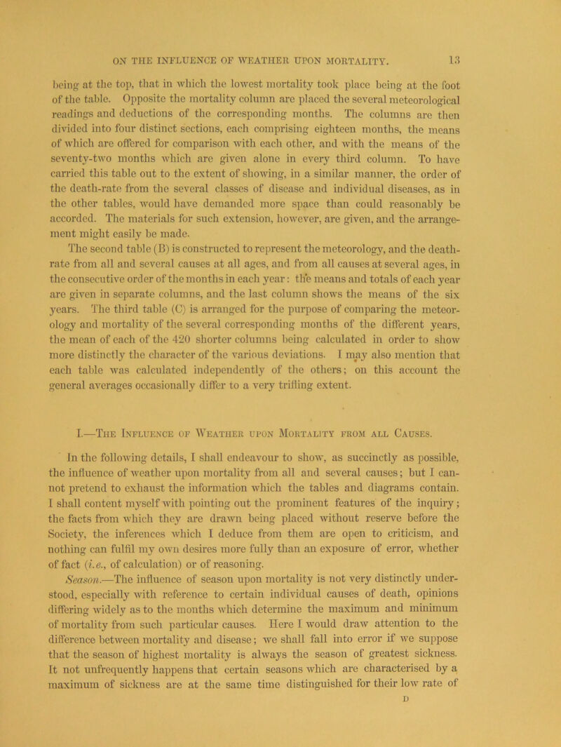heing: at the top, that in which the lowest mortality took place being at the foot of tlie table. Opposite the mortality column arc placed the several meteorological readings and deductions of the corresponding months. The columns are then divided into four distinct sections, each comprising eighteen months, the means of Avhich are offered for comparison Avith each other, and Avith the means of the seventA'-two months Avhich are given alone in every third column. To have carried tliis table out to the extent of showing, in a similar manner, the order of the death-rate from the several classes of disease and individual diseases, as in the other tables, would have demanded more space than could reasonably be accorded. The materials for such extension, hoAvever, are given, and the ai-range- ment might easily be made. The second table (B) is constructed to represent the meteorology, and the death- rate from all and several causes at all ages, and from all causes at several ages, in the consecutive order of the months in each year: the means and totals of each year are given in separate columns, and the last column shows the means of the six years. The third table (C) is arranged for the purpose of comparing the meteor- ology and mortality of the several corresponding months of the different years, the mean of each of the 420 shorter columns being calculated in order to show more distinctly the character of the various deviations. 1 may also mention that each table Avas calculated independently of the others; on this account the general averages occasionally differ to a very trifling extent. I.—The Influence of Weather upon Mortality from all Causes. In the folloAA'ing details, I shall endeavour to shoAv, as succinctly as possible, the influence of Aveather iipon mortality from all and several causes; but I can- not pretend to exhaust the information Avhich the tables and diagrams contain. I shall content myself with pointing out the prominent features of the inquiry; the facts from Avhich they are draAvn being placed Avithout reserve before the Society, the inferences Avhich I deduce from them are open to criticism, and nothing can fulfil my oavu desires more fully than an exposure of error, Avhether of fact {i.e., of calculation) or of reasoning. Seaso?i.—The influence of season upon mortality is not very distinctly under- stood, especially Avith reference to certain individual causes of death, opinions differing Avidely as to the months Avhich determine the maximum and minimum of mortality from such particular causes. Here I Avould draw attention to the difference betAveen mortality and disease; we shall fall into error if Ave suppose that the season of highest mortality is ahvays the season of greatest sickness. It not unfrequently happens that certain seasons Avhich are characterised by a maximum of sickness are at the same time distinguished for their Ioav rate of D