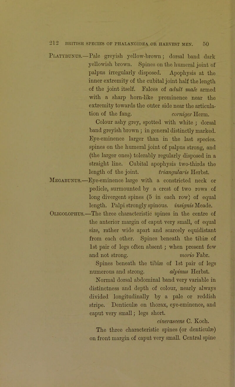Peatybunus.—Pale greyish yellow-brown; dorsal band dark yellowish brown. Spines on the humeral joint of palpus irregularly disposed. Apophysis at the inner extremity of the cubital joint half the length of the joint itself. Falces of adult male armed with a sharp horn-like prominence near the extremity towards the outer side near the articula- tion of the fang. corniger Herm. Colour ashy grey, spotted with white • dorsal hand greyish brown ; in general distinctly marked. Eye-eminence larger than in the last species, spines on the humeral joint of palpus strong, and (the larger ones) tolerably regularly disposed in a straight line. Cubital apophysis two-thirds the length of the joint. triangularis Herbst. Megabunus.—Eye-eminence large with a constricted neck or pedicle, surmounted by a crest of two rows of long divergent spines (5 in each row) of equal length. Palpi strongly spinous, insignis Meade. Oligolophus.—The three characteristic spines in the centre of the anterior margin of caput very small, of equal size, rather wide apart and scarcely equidistant from each other. Spines beneath the tibiae of 1st pair of legs often absent; when present few and not strong. morio Fabr. Spines beneath the tibia) of 1st pair of legs numerous and strong. alpinus Herbst. Normal dorsal abdominal band very variable in distinctness and depth of colour, nearly always divided longitudinally by a pale or reddish stripe. Denticulse on thorax, eye-eminence, and caput very small; legs short. cinerascens C. Koch. The three characteristic spines (or denticulse) on front margin of caput very small. Central spine