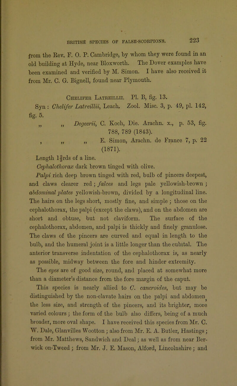 from the Rev. F. 0. P. Cambridge, by whom they were found in an old building at Hyde, near Bloxwortb. The Dover examples have been examined and verified by M. Simon. I have also received it from Mr. C. G. Bignell, found near Plymouth. Chelifer Latreillii. PI. B, fig. 13. Syn : Clielifer Latreillii, Leach. Zool. Misc. 3, p. 49, pi. 142, fig. 5. „ „ Degeerii, C. Koch, Die. Arachn. x., p. 53, fig. 788, 789 (1843). , „ „ E. Simon, Arachn. de France 7, p. 22 (1871). Length lfrds of a line. Cephalothorax dark brown tinged with olive. Palpi rich deep brown tinged with red, bulb of pincers deepest, and claws clearer red ; j'dices and legs pale yellowish-brown ; abdominal plates yellowish-brown, divided by a longitudinal line. The hairs on the legs short, mostly fine, and simple ; those on the cephalothorax, the palpi (except the claws), and on the abdomen are short and obtuse, but not claviform. The surface of the cephalothorax, abdomen, and palpi is thickly and finely granulose. The claws of the pincers are curved and equal in length to the bulb, and the humeral joint is a little longer than the cubital. The anterior transverse indentation of the cephalothorax is, as nearly as possible, midway between the fore and hinder extremity. The eyes are of good size, round, and placed at somewhat more than a diameter’s distance from the fore margin of the caput. This species is nearly allied to C. cancroides, but may be distinguished by the non-clavate hairs on the palpi and abdomen^ the less size, and strength of the pincers, and its brighter, more varied colours ; the form of the bulb also differs, being of a much broader, more oval shape. I have received this species from Mr. C. W. Dale, Glanvilles Wootton ; also from Mr. E. A. Butler, Hastings; from Mr. Matthews, Sandwich and Deal; as well as from near Ber- wick on-Twecd ; from Mr. J. E. Mason, Alford, Lincolnshire ; and