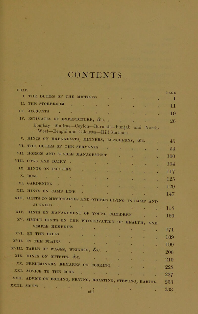 CONTENTS CHAV. I. THE DUTIES OF THE MISTRESS II. THE STOREROOM ....._ III. ACCOUNTS ...... IV. ESTIMATES OF EXPENDITURE, &C. JJombay—Madras—Ceylon—Burmah—Punjab and Nort West—Bengal and Calcutta—Hill Stations. V. , HINTS ON BREAKFASTS, DINNERS, LUNCHEONS, &C. VI. THE DUTIES OF THE SERVANTS ITI. HORSES AND STABLE MANAGEMENT VIII. COWS AND DAIRY .... IX. HINTS ON POULTRY X. DOGS XI. GARDENING .... XII. HINTS ON CAMP LIFE XIII. HINTS TO MISSIONARIES AND OTHERS LIVING .JUNGLES . IN CAMP AND XIV. XV. XVI. XVII. XVIII. XIX. XX. XXI. XXII. XXIII. HINTS ON MANAGEMENT OF YOUNG CHIIJIREN SIMPLE HINTS ON THE PRESERVATION OF HEALTH, AND SIMPLE REflIEDIES . . ’ ON THE HILIIS I.N THE PI.AINS TABLE OF WAGES, WEIGHTS, &C. HINTS ON OUTFITS, &C. PRELIMINARY REMARKS ON COOKING ADVICE TO THE COOK ADVICE ON BOILING, FRYING, ROASTING, STEWING, BAKING SOUPS • . . . , xiii PAGE 1 11 19 26 45 54 100 104 117 125 129 147 153 160 171 189 199 206 210 223 227 233 238