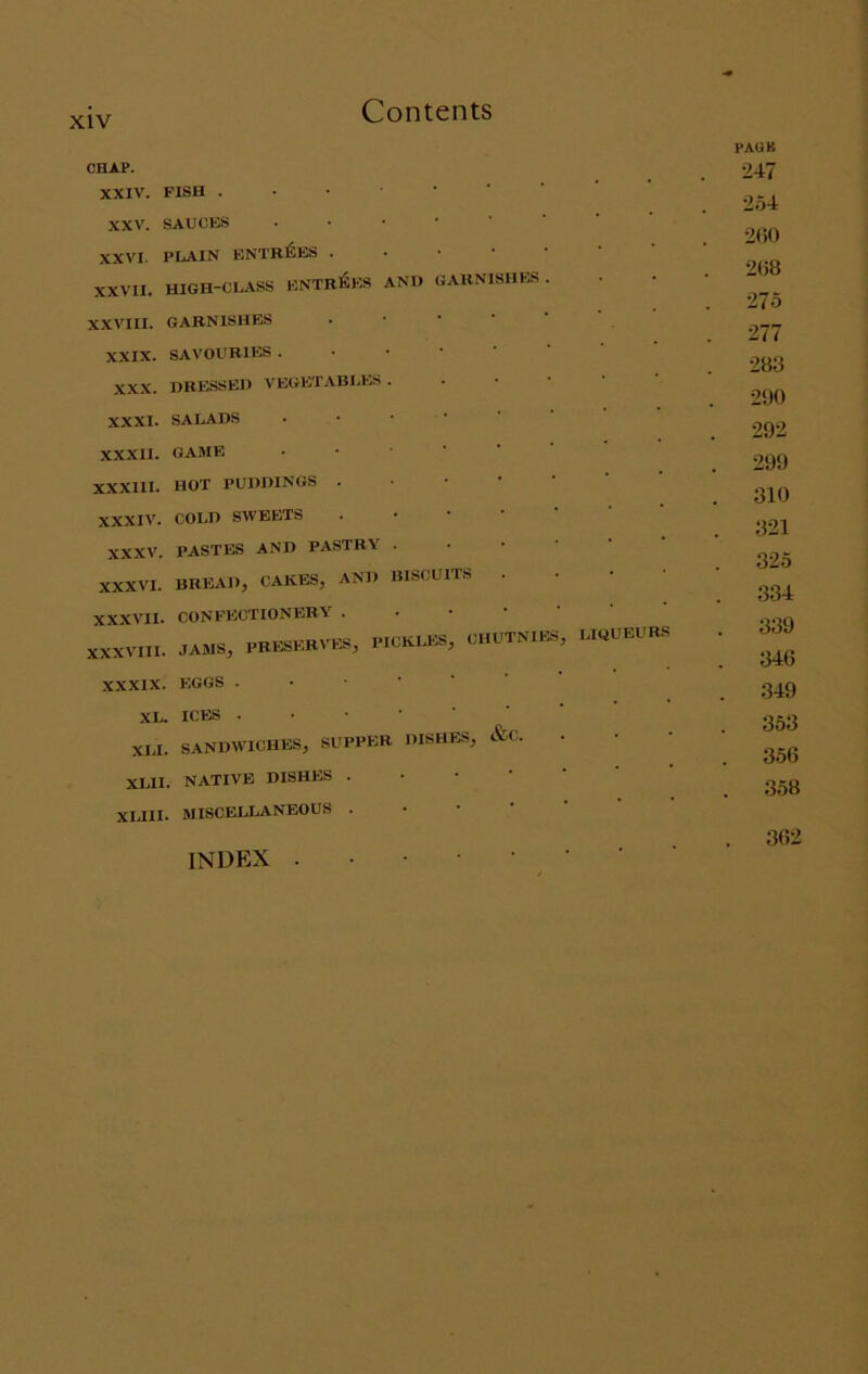 CHAP. XXIV. FISH .-•••■ XXV. SAUCKS XXVI. PLAIN ENTRl^ES . • • * * XXVII. HIGH-CL.ASS ENTRIES ANH GARNISHES . XXVIII. GARNISHES ■ • • ‘ ‘ XXIX. SAVOl'RIES . • • • ■ XXX. DRESSED VEGETABIiES . . • • XXXI. SALADS XXXII. GAME • ■ • • ' XXXIII. HOT PUDDINGS . • • • XXXIV. COLD SWEETS . • • ‘ XXXV. PASTES AND PASTRY . . • • XXXVI. BREAD, CAKES, AND BISCUITS XXXVII. CONFECTIONERY . • • • XXXVIII. JAMS, PRESERVES, PICKLi:S, CHUTNIES XXXIX. EGGS .••••' XL. ICES XLI. SANDWICHES, SUPPER DISHES, &C. XLII. NATIVE DISHES . • • ' XLIII. MISCELLANEOUS . • • • LIQUEURS HAOB 247 254 200 268 275 277 288 290 292 299 310 321 325 334 339 346 349 353 356 358 INDEX . 362