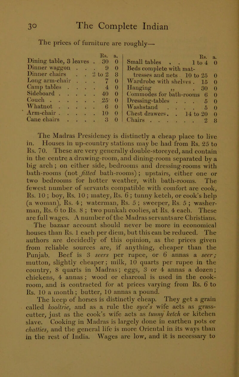 The prices of furniture are roughly— Es. a. E.S. a. Dining table, 3 leaves . 30 0 Small tfibles . . 1 to 4 0 Dinner waggon . 9 0 Beds complete Avith mat- Dinner chairs 2 to 2 8 tresses and nets 10 to 25 0 Long arm-cliair . . 7 0 Wardrobe Avith shelves . 15 0 Camp tiibles . . . . 4 0 Hanging „ . 30 0 Sideboard .... . 40 0 Commodes for bath- •rooms 6 0 Couch . 25- 0 Dressing-tables . . . 5 0 AV'^batuot .... 6 0 Washstcind . . . . 5 0 Arm-cbair .... . 10 0 Chest drawers. . 14 to 20 0 Cane chairs . 3 0 Chairs .... . . 2 8 The Madras Presidency is distinctly a cheap place to live in. Houses in up-country stations may be had from Rs. 25 to Rs. 70. These are very generally double-storeyed, and contain in the centre a drawing-room, and dining-room separated by a big arch ; on either side, bedrooms and dressing-rooms with bath-rooms (not filled bath-rooms) ; upstairs, either one or two bedrooms for hotter Aveather, with bath-rooms. Tlie fewest number of servants comj)atible with comfort are cook, Rs. 10 ; boy, Rs. 10 ; matey, Rs. 6 ; tunny ketch, or cook’s help (a Avoman), Rs. 4; Avaterman, Rs. 5 ; SAveeper, Rs. 5 ; AA'asher- man, Rs. 6 to Rs. 8 ; tAvo punkah coolies, at Rs. 4 each. These are full Avages. A number of the Madras servantsare Christians. The bazaar account should never be more in economical houses than Rs. 1 each per diem, but this can be reduced. The authors are decidedly of this opinion, as tlie prices given from reliable sources are, if anything, cheaper than the Punjab. Beef is 3 seers per rupee, or 6 annas a seer; mutton, slightly cheaper; milk, 10 quarts per rupee in the country, 8 quarts in Madras; eggs, 3 or 4 annas a dozen; chickens, 4 annas ; Avood or charcoal is used in the cook- room, and is contracted for at prices varying from Rs. 6 to Rs. 10 a month; butter, 10 annas a pound. The keep of horses is distinctly cheap. They get a grain called koollrie, and as a rule the syce’s Avife acts as grass- cutter, just as the cook’s Avife acts as luuny ketch or kitchen slave. Cooking in Madras is largely done in earthen ]iots or chatties, and the general life is more Oriental in its Avays tlian in the rest of India. Wages are Ioav, and it is necessary to
