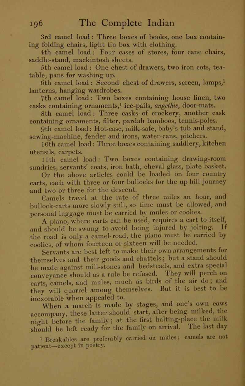 3rd camel load: Three boxes of books, one box contain- ing folding chairs, light tin box with clothing. 4th camel load : Four cases of stores, four cane chairs, saddle-stand, mackintosh sheets. 5th camel load : One chest of drawers, two iron cots, tea- table, pans for washing up. 6th camel load : Second chest of drawers, screen, lamps,^ lanterns, hanging wardrobes. 7th camel load: Two boxes eontaining house linen, two casks containing ornaments,^ ice-pails, angethis, door-mats. 8th camel load : Three casks of crockery, another cask containing ornaments, filter, pardah bamboos, tennis-poles. 9th camel load: Hot-ease, milk-safe, baby’s tub and stand, sewing-machine, fender and irons, water-cans, jntchers. 10th camel load: Three boxes containing saddlery, kitchen utensils, carpets. 11th camel load: Two boxes containing drawing-room sundries, servants’ coats, iron bath, cheval glass, plate basket. Or the above articles could be loaded on four country carts, each with three or four bullocks for the up hill journey and two or three for the descent. Camels travel at the rate of tliree miles an hour, and bullock-carts more slowly still, so time must be allowed, and personal luggage must be carried by mules or coolies. A piano, where carts can be used, requires a cart to itself, and should be swung to avoid being injured by jolting. It the road is only a camel-road, the piano must be carried by coolies, of whom fourteen or sixteen will be needed. Servants are best left to make their own arrangements for themselves and their goods and chattels, but a stand should be made against mill-stones and bedsteads, and extra special conveyance should as a rule be refused. Ihey will peich on carts, camels, and mules, much as birds of the aii do , and they will quarrel among themselves. But it is best to be inexorable when appealed to. When a march is made by stages, and one’s own cows accompany, these latter should start, after being milked, the ni<rht before the family ; at the first halting-place the milk should be left ready for the family on arrival. The last day 1 Breakables are preferably carried 011 mules; camels are not patient—except in poetry.