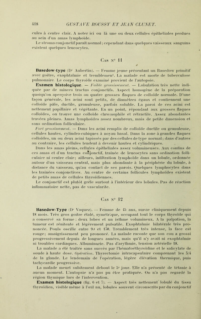 cules a centre clair. A noter ici ou la une ou deux cellules epitheliales perdues au sein d’un araas lymphoide. Le stroma conjonctif parait normal; cependant dans quelques vaisseaux sanguins existent quelques leucocytes. Cas n° 11 ■t Basedow-type (Dr Aubertin). — Femme jeune presentant un Basedow primitif avec goitre, exophtalmie et tremblemenL La malade est morte de tuberculose pulmonaire. Le corps thyroide examine provient de l’autopsie. Examen histologique. — Faible grossissement. — Lobulation tres nette indi- quee par de minces tractus conjonctifs. Aspect homogene de la preparation quoiqu’on apergoive trois ou quatre grosses flaques de colloide normale. D’une fagon generate, les acini sont petits, de diametres egaux et contiennent une colloide pale, ductile, granuleuse, parfois soluble. La paroi de ces acini est nettement papillaire et vegetante. En un point, repondant aux grosses flaques colloides, on trouve une colloide chromophile et retractile. Assez abondantes travees pleines. Amas lymphoides assez nombreux, mais de petite dimension et sans ordination folliculaire. Fort grotsissement. — Dans les acini remplis de colloide ductile ou granuleuse, cellules hautes, cylindro-cubiques a noyau basal. Dans la zone a grandes flaques colloides, un ou deux acini tapisses par des cellules de type normal; dans d’autres au contraire, les cellules tendent a devenir hautes et cylindriques. Dans les amas pleins, cellules epitheliales assez volumineuses. Aux confins de ces amas et d’un tractus conjonctif, trainee de leucocytes sans ordination folli- culaire ni centre clair; ailleurs, infiltration lymphoide dans un lobule, ordonnee autour d’un vaisseau central, mais plus abondanle a la peripherie du lobule, a distance du vaisseau, qu’au contact de ses parois. Quelques lymphocytes dans les trainees conjonctives. Au centre de certains follicules lymphoides existent de petits amas de cellules thyroidiennes. Le conjonctif est plutbt grele surtout a l’interieur des lobules. Pas de reaction inflammatoire nette, pas de vascularite. Cas 12 Basedow-Type (D1 Yaquez). — Femme de 45 ans, suivie cliniquement depuis 18 mois. Tres gros goitre etale, symetrique, occupant tout le corps thyroide qui a conserve sa forme : deux lobes et un isthme volumineux. A la palpation, la tumeur est renitente et legerement pulsatile. Exophtalmie bilaterale tres pro- noncee. Pouls oscille entre 90 et 150. Tremblement tres intense, la face est rouge; amaigrissement peu prononce. La malade raconte que son cou a grossi progressivemcnt depuis de longues annees, mais qu’il n’y avait ni exophtalmie ni troubles cardiaques. Albuminurie. Pas d’arythmie, tension arterielle 18. La malade a ete traitee sans succes par rhematoethyroidine et le salicylate de soude a haute dose. Operation. Thyrectomie intracapsulaire comprenant les 5/4 de la glande. Le lendemain de l’operation, legere elevation thermique, puis tachycardie progressive. La malade meurt subitement debout le 5e jour. Elle n’a presente de tetanie a aucun moment. L’autopsie n’a pas pu etre pratiquee. On n’a pas regarde la region thymique lors de l’intervention. Examen histologique (fig. 6 et 7). — Aspect tres nettement lobule du tissu thyroidien, visible meme a l’oeil nu, lobules souvent circonscrits par du conjonctif