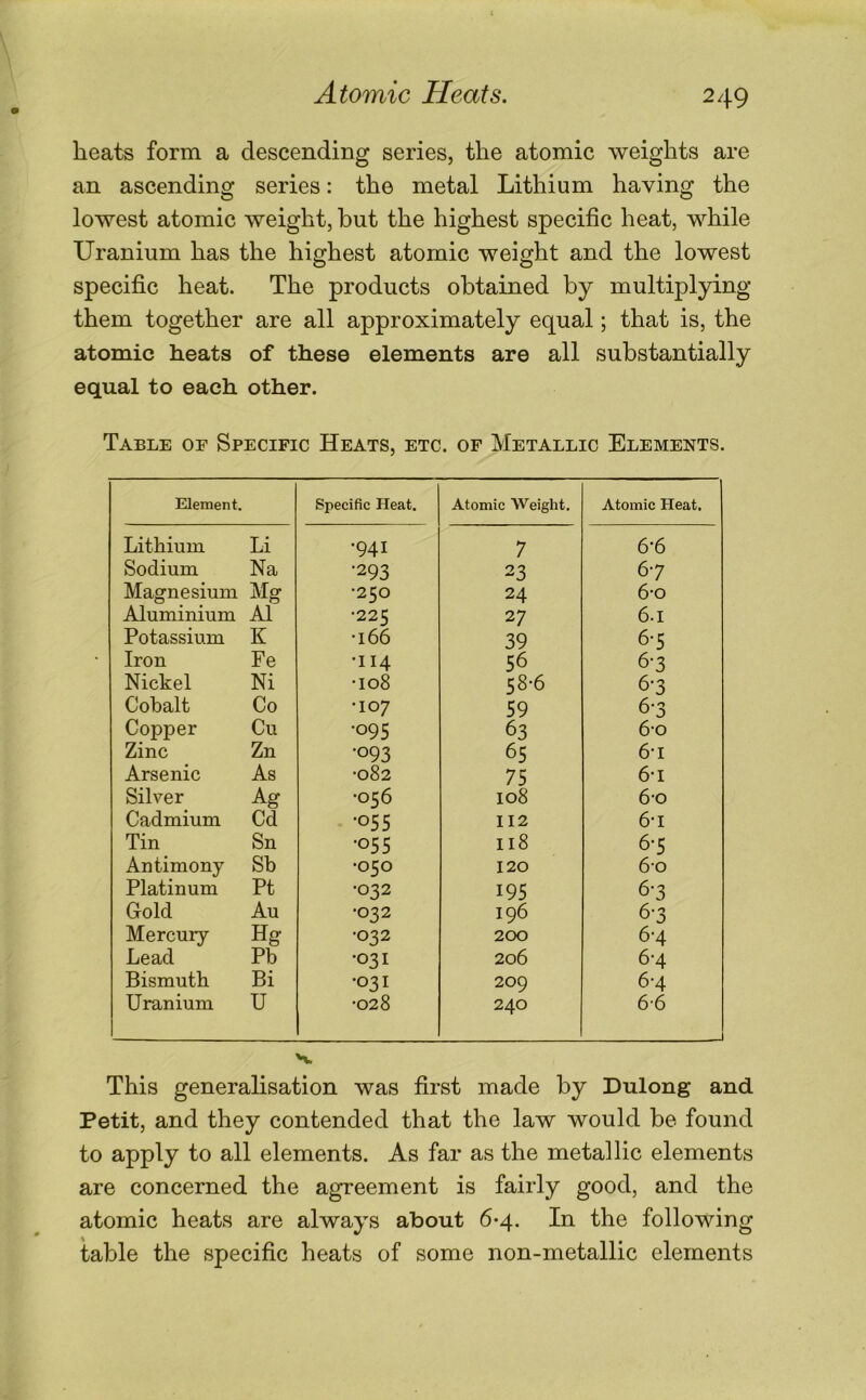 heats form a descending series, the atomic weights are an ascending series: the metal Lithium having the lowest atomic weight, but the highest specific heat, while Uranium has the highest atomic weight and the lowest specific heat. The products obtained by multiplying them together are all approximately equal; that is, the atomic heats of these elements are all substantially equal to each other. Table of Specific Heats, etc. of Metallic Elements. Element. Specific Heat. Atomic Weight. Atomic Heat. Lithium Li •941 7 6-6 Sodium Na •293 23 67 Magnesium Mg •250 24 6-0 Aluminium A1 •225 27 6.1 Potassium K •166 39 6-5 Iron Fe •II4 56 6-3 Mickei Ni •108 58-6 6-3 Cobalt Co •107 59 6-3 Copper Cu •095 63 60 Zinc Zn •093 65 6-1 Arsenic As •082 75 6-1 Silver Ag •056 108 6-0 Cadmium Cd •055 112 6-1 Tin Sn •055 118 6-5 Antimony Sb •050 120 60 Platinum Pt •032 195 6-3 Gold Au •032 196 6-3 Mercury Hg •032 200 6-4 Lead Pb •031 206 6-4 Bismuth Bi •031 209 6-4 Uranium U •028 240 6-6 'V This generalisation was first made by Dulong and Petit, and they contended that the law would be found to apply to all elements. As far as the metallic elements are concerned the agreement is fairly good, and the atomic heats are always about 6*4. In the following table the specific heats of some non-metallic elements