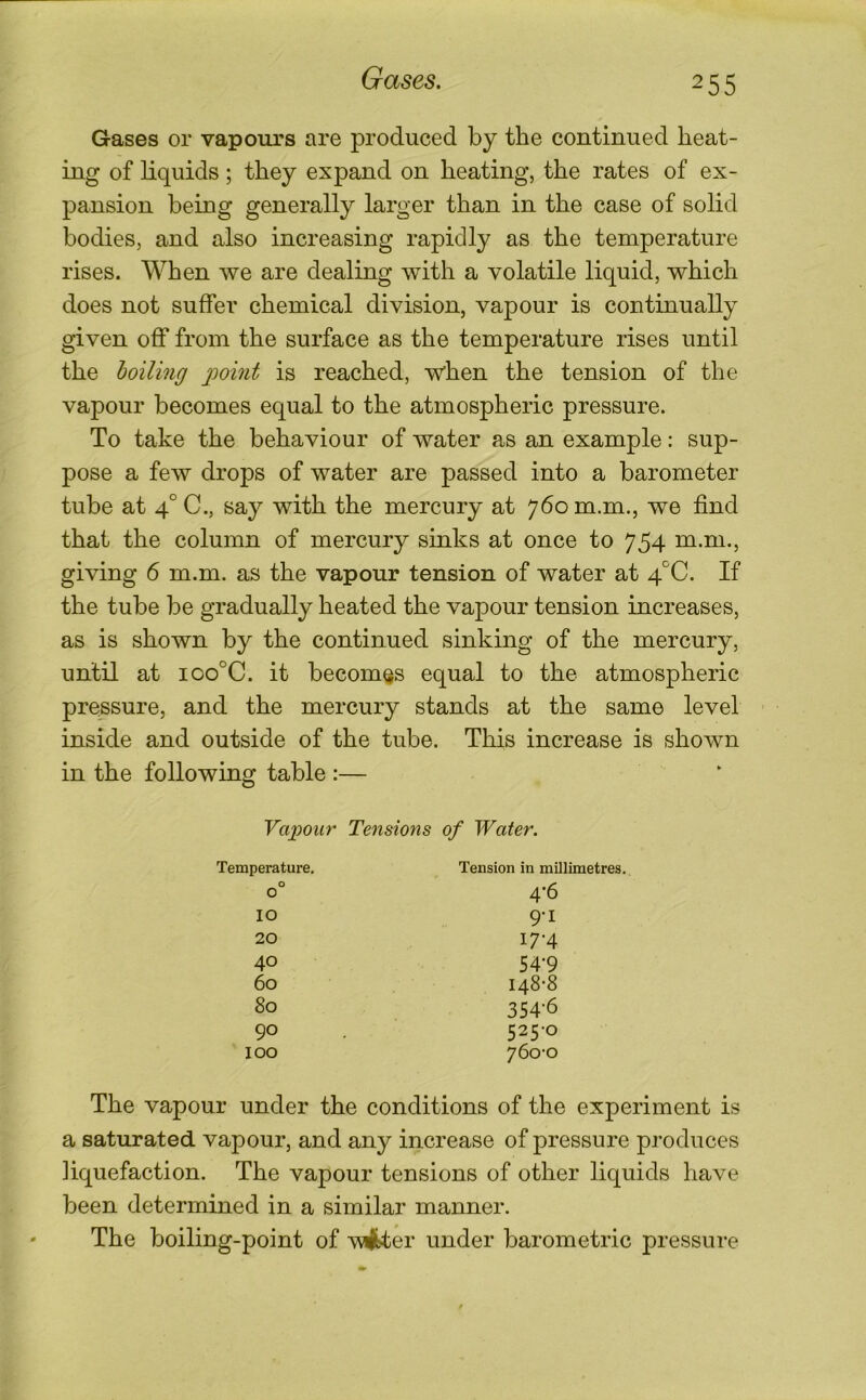 Gases. Gases or vapours are produced by the continued beat- ing of bquids; they expand on heating, the rates of ex- pansion being generally larger than in the case of solid bodies, and also increasing rapidly as the temperature rises. When we are dealing with a volatile liquid, which does not suffer chemical division, vapour is continually given off from the surface as the temperature rises until the hoiling gioint is reached, when the tension of the vapour becomes equal to the atmospheric pressure. To take the behaviour of water as an example: sup- pose a few drops of water are passed into a barometer tube at 4° C., say with the mercury at 760 m.m., we find that the column of mercury sinks at once to 754 m.m., giving 6 m.m. as the vapour tension of water at 4°C. If the tube be gradually heated the vapour tension increases, as is shown by the continued sinking of the mercury, until at ioo°C. it becomes equal to the atmospheric pressure, and the mercury stands at the same level inside and outside of the tube. This increase is shown in the following table :— Valour Tensions of Water. Temperature. Tension in millimetres. 0 0 4*6 10 9-1 20 174 40 54-9 60 148-8 80 354-6 90 525-0 100 760-0 The vapour under the conditions of the experiment is a saturated vapour, and any increase of pressure produces liquefaction. The vapour tensions of other liquids have been determined in a similar manner. The boiling-point of wjU^er under barometric pressure