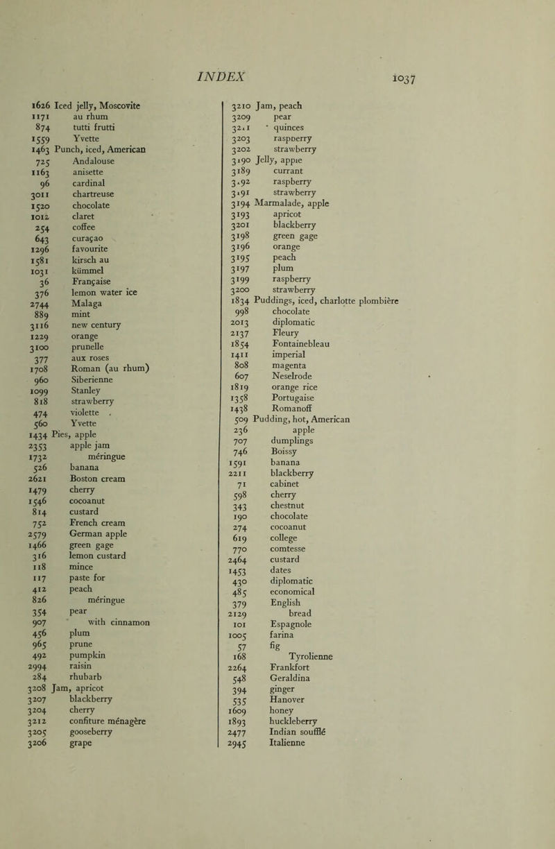 io37 1626 Iced jelly, Moscovite 1171 au rhum 874 tutti frutti *559 Yvette 1463 Punch, iced, American 7i5 Andalouse 1163 anisette 96 cardinal 3OI> chartreuse 1520 chocolate 1012 claret 254 coffee 643 curajao 1296 favourite 1581 kirsch au 1031 kiimmel 36 Fransaise 376 lemon water ice 2744 Malaga 889 mint 31 >6 new century 1229 orange 3100 prunelle 377 aux roses 1708 Roman (au rhum) 960 Siberienne 1099 Stanley 818 strawberry 474 violette . 360 Y vette >434 Pies, apple 2353 apple jam 1732 meringue 526 banana 2621 Boston cream >479 cherry 1546 cocoanut 814 custard 752 French cream 2579 German apple 1466 green gage 316 lemon custard 118 mince 117 paste for 412 peach 826 meringue 354 pear 907 with cinnamon 456 plum 965 prune 492 pumpkin 2994 raisin 284 rhubarb 3208 Jam, apricot 3207 blackberry 3204 cherry 3212 confiture mtoag£re 32°5 gooseberry 3206 grape 3210 Jam, peach 3209 pear 32*1 * quinces 3203 rasp Derry 3202 strawberry 3190 Jelly, appie 3189 currant 3.92 raspberry 3,91 strawberry 3194 Marmalade, apple 3193 apricot 3201 blackberry 3198 green gage 3196 orange 3195 peach 3197 plum 3199 raspberry 3200 strawberry 1834 Puddings, iced, charlotte plombiere 998 chocolate 2013 diplomatic 2137 Fleury 1854 Fontainebleau 1411 imperial 808 magenta 607 Neselrode 1819 orange rice 1358 Portugaise 1438 Romanoff 509 Pudding, hot, American 236 apple 707 dumplings 746 Boissy 1591 banana 2211 blackberry 71 cabinet 598 cherry 343 chestnut 190 chocolate 274 cocoanut 619 college 770 comtesse 2464 custard >453 dates 430 diplomatic 483 economical 379 English 2129 bread 101 Espagnole 1005 farina 57 fig 168 Tyrolienne 2264 Frankfort 548 Geraldina 394 ginger 535 Hanover 1609 honey 1893 huckleberry 2477 Indian souffle 2945 Italienne