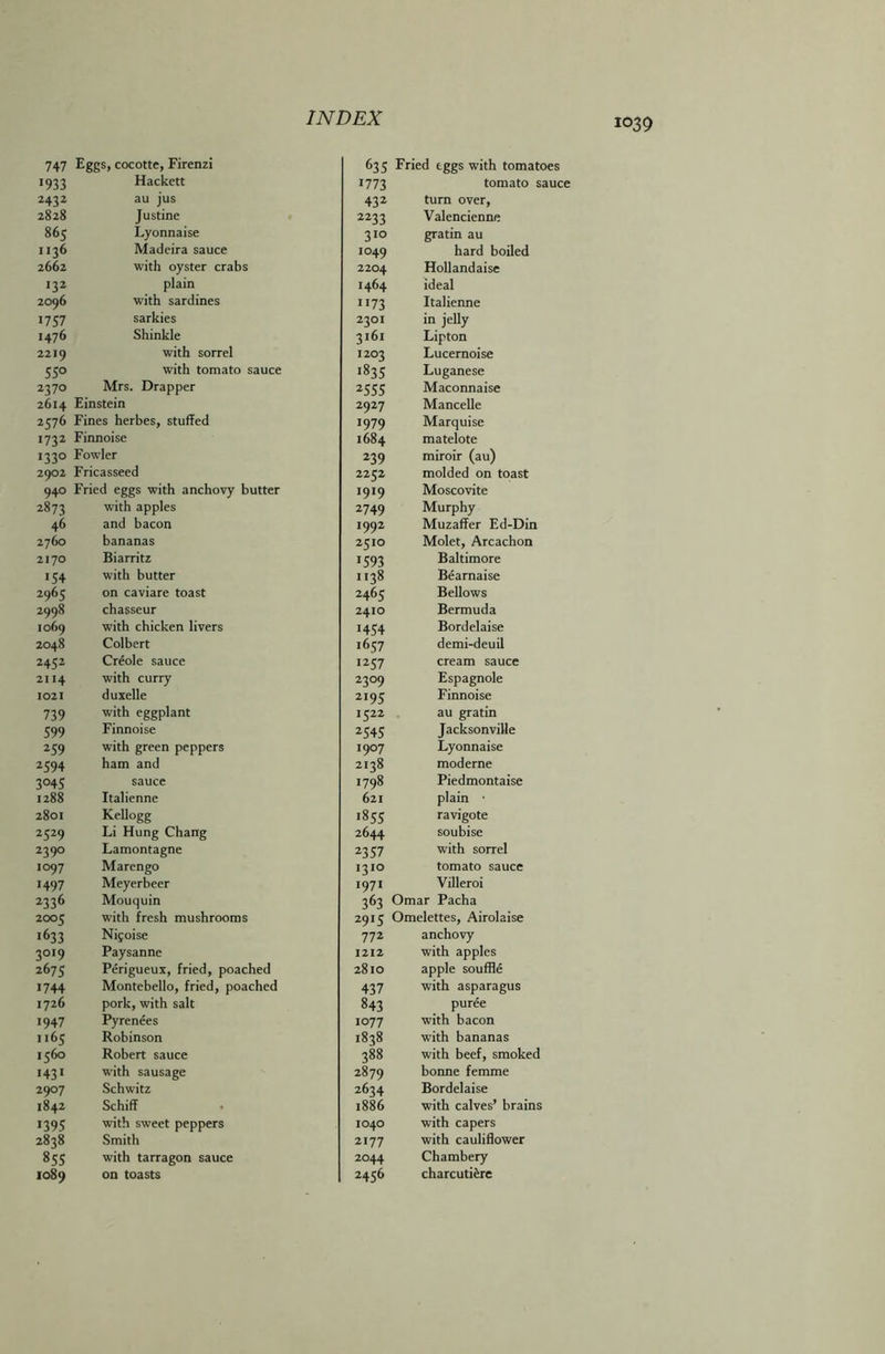 747 Eggs, cocotte, Firenzi 1933 Hackett 2432 au jus 2828 Justine 865 Lyonnaise 1136 Madeira sauce 2662 with oyster crabs 132 plain 2096 with sardines 1757 sarkies 1476 Shinkle 2219 with sorrel 550 with tomato sauce 2370 Mrs. Drapper 2614 Einstein 2576 Fines herbes, stuffed 1732 Finnoise 1330 Fowler 2902 Fricasseed 940 Fried eggs with anchovy butter 2873 with apples 46 and bacon 2760 bananas 2170 Biarritz 154 with butter 2965 on caviare toast 2998 chasseur 1069 with chicken livers 2048 Colbert 2452 Creole sauce 2114 with curry 1021 duxelle 739 with eggplant 599 Finnoise 239 with green peppers 2594 ham and 3045 sauce 1288 Italienne 2801 Kellogg 2529 Li Hung Chang 2390 Lamontagne 1097 Marengo 1497 Meyerbeer 2336 Mouquin 2005 with fresh mushrooms 1633 Nijoise 3019 Paysanne 2675 Perigueux, fried, poached 1744 Montebello, fried, poached 1726 pork, with salt 1947 Pyrenees 1165 Robinson 1560 Robert sauce 1431 with sausage 2907 Schwitz 1842 Schiff 1395 with sweet peppers 2838 Smith 855 with tarragon sauce 1089 on toasts 635 Fried eggs with tomatoes 1773 tomato sauce 432 turn over, 2233 Valencienne 310 gratin au 1049 hard boiled 2204 Hollandaise 1464 ideal 1173 Italienne 2301 in jelly 3161 Lipton 1203 Lucernoise 1835 Luganese 2535 Maconnaise 2927 Mancelle 1979 Marquise 1684 matelote 239 miroir (au) 2232 molded on toast 1919 Moscovite 2749 Murphy 1992 Muzaffer Ed-Din 2510 Molet, Arcachon 1593 Baltimore 1138 Bearnaise 2465 Bellows 2410 Bermuda 1454 Bordelaise 1657 demi-deuil 1237 cream sauce 2309 Espagnole 2193 Finnoise 1322 au gratin 2545 Jacksonville 1907 Lyonnaise 2138 moderne 1798 Piedmontaise 621 plain • 1835 ravigote 2644 soubise 2357 with sorrel 1310 tomato sauce 1971 Villeroi 363 Omar Pacha 2915 Omelettes, Airolaise 772 anchovy 1212 with apples 2810 apple souffle 437 with asparagus 843 puree 1077 with bacon 1838 with bananas 388 with beef, smoked 2879 bonne femme 2634 Bordelaise 1886 with calves’ brains 1040 with capers 2177 with cauliflower 2044 Chambery 2436 charcutiere