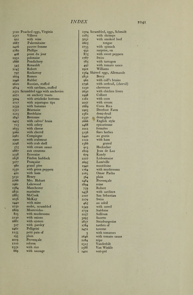 3120 Poached eggs, Virginia 2504 Scrambled, eggs, Schmidt 2517 Villeroi 2185 with shrimps 921 with wine 3031 with smoked beef 2687 Palermitaine 2605 tongue 2416 pauvre femme 2733 with spinach 2780 Phillips 932 surprise, en 408 point du jour 875 with sweet peppers 2932 polonaise 1787 Swiss 1866 Pondichery 785 with tarragon 345 Renauldt 497 with tomato sauce 1145 Robert 2921 Williams 797 Rockaway j364 Shirred eggs, Allemande 1674 Romeo 2832 Bercy 2946 Rubier 962 with calf’s brains 2610 Russian, stuffed 2796 with cerfeuil, (chervil) 2814 with sardines, stuffed I23° chevreuse 2572 Scrambled eggs with anchovies 2630 with chicken livers 2071 on anchovy toasts 1998 Colbert 3004 with artichoke bottoms 1181 with corn 1717 with asparagus tips 2057 with cream 2539 with bananas 1689 Costa Rica 1511 Bearnaise 29°3 Deerfoot Farm 1213 Bordelaise 2382 demi-deuil 1847 Bretonne 233° demi-glace 2405 with calves’ brain 2666 English style 715 with celery 2488 epicurienne 1653 with cheese 1012 fermiere 3060 with chervil 3>36 fines herbes 2981 Compiegne 2440 au gratin 1900 with crabmeat 1122 with ham 2298 with crab shell 1386 grated 575 with cream sauce 9*3 Heckscher 2867 aux croutons 1829 Jean de Luz 2558 Ecossaise 679 Kandy 2638 Findon haddock 2227 Lisbonnaise 3°77 Franjaise 2695 Luneville 980 grand pere 1940 macedoine 1350 with green peppers 1764 with mushrooms 422 with ham 2163 Omar Pacha 3*32 Henry 564 plain 2766 Mrs. Hobart 1484 Provenjale 1961 Lakewood 1894 reine 1584 Manchester 759 Robert 2852 mariniere 1438 with sardines 2885 McCook 2107 San Sebastian 1056 McKay 2279 Swiss 1440 with mint 465 au soleil 1750 molet, scrambled 2549 with sorrel 2809 Montevideo 2739 Suedoise 823 with mushrooms 2257 Sullivan 2130 with onions 3°95 Suzette 2681 with oysters 2857 Strasburgeoise 327 with parsley 1784 tartlets of 2461 Pelligrini 2472 taverne J>53 petit pain of 3 with tomatoes 193 plain 2646 with tomato sauce 2019 Proveny ale 2284 tripe IIIO reform 2325 Vanderbilt 2352 with rice 2588 Van Winkle 669 with sausage 1401 vert-pre