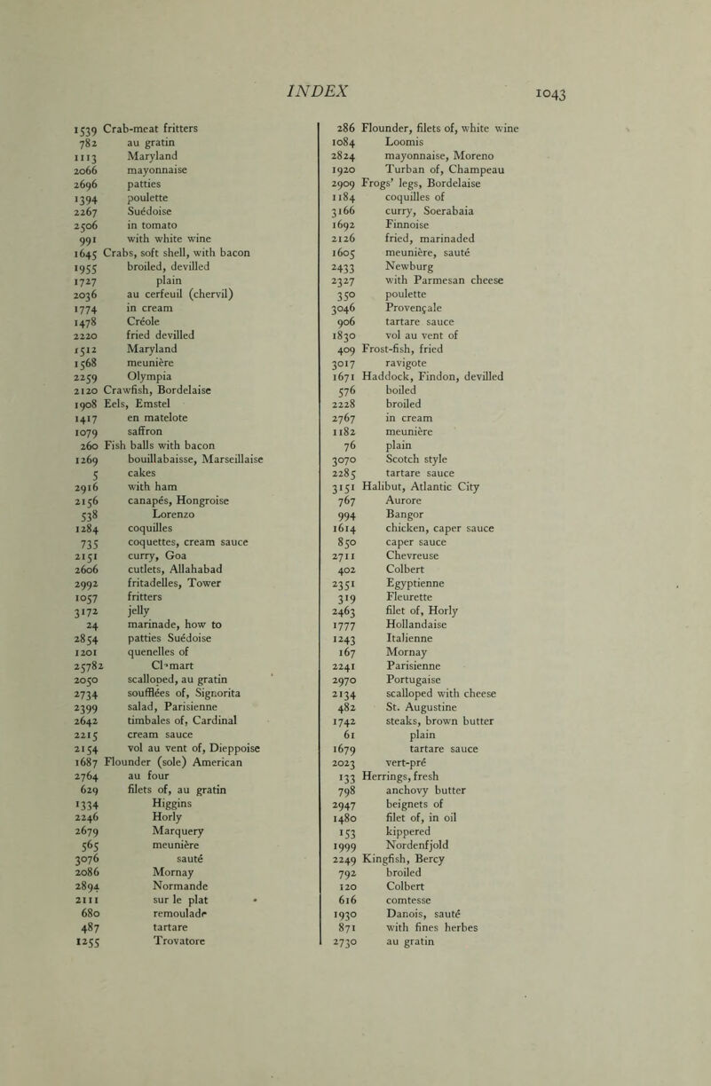 1539 Crab-meat fritters 286 782 au gratin 1084 1113 Maryland 2824 2066 mayonnaise 1920 2696 patties 2909 1394 poulette 1184 2267 Suedoise 3166 2506 in tomato 1692 991 with white wine 2126 1645 Crabs, soft shell, with bacon 1605 *955 broiled, devilled 2433 1727 plain 2327 2036 au cerfeuil (chervil) 35° 774 in cream 3046 1478 Creole 906 2220 fried devilled 1830 *5*2 Maryland 409 1568 meuniere 3OI7 2259 Olympia 1671 2120 Crawfish, Bordelaise 576 1908 Eels, Emstel 2228 H17 en matelote 2767 1079 saffron 1182 260 Fish balls with bacon 76 1269 bouillabaisse, Marseillaise 3070 5 cakes 2285 2916 with ham 3*5* 2156 canapes, Hongroise 767 538 Lorenzo 994 1284 coquilles 1614 735 coquettes, cream sauce 850 2t5I curry, Goa 2711 2606 cutlets, Allahabad 402 2992 fritadelles, Tower 2351 IO57 fritters 319 3*72 jelly 2463 24 marinade, how to 1777 2854 patties Suedoise 1243 1201 quenelles of 167 00 N Cl ■■mart 2241 2050 scalloped, au gratin 2970 2734 soufflees of, Signorita 2134 2399 salad, Parisienne 482 2642 timbales of, Cardinal 1742 2215 cream sauce 61 2154 vol au vent of, Dieppoise 1679 1687 Flounder (sole) American 2023 27&4 au four *33 629 filets of, au gratin 798 1334 Higgins 2947 2246 Horly 1480 2679 Marquery *53 565 meuniere >999 3076 saute 2249 2086 Mornay 792 2894 Normande 120 2111 sur le plat • 616 680 remouladr 1930 487 tartare 871 I255 Trovatore 2730 Flounder, filets of, white wine Loomis mayonnaise, Moreno Turban of, Champeau Frogs’ legs, Bordelaise coquilles of curry, Soerabaia Finnoise fried, marinaded meuniere, saute Newburg with Parmesan cheese poulette Provenjale tartare sauce vol au vent of Frost-fish, fried ravigote Haddock, Findon, devilled boiled broiled in cream meuniere plain Scotch style tartare sauce Halibut, Atlantic City Aurore Bangor chicken, caper sauce caper sauce Chevreuse Colbert Egyptienne Fleurette filet of, Horly Hollandaise Italienne Mornay Parisienne Portugaise scalloped with cheese St. Augustine steaks, brown butter plain tartare sauce vert-pre Herrings, fresh anchovy butter beignets of filet of, in oil kippered Nordenfjold Kingfish, Bercy broiled Colbert comtesse Danois, saute with fines herbes au gratin